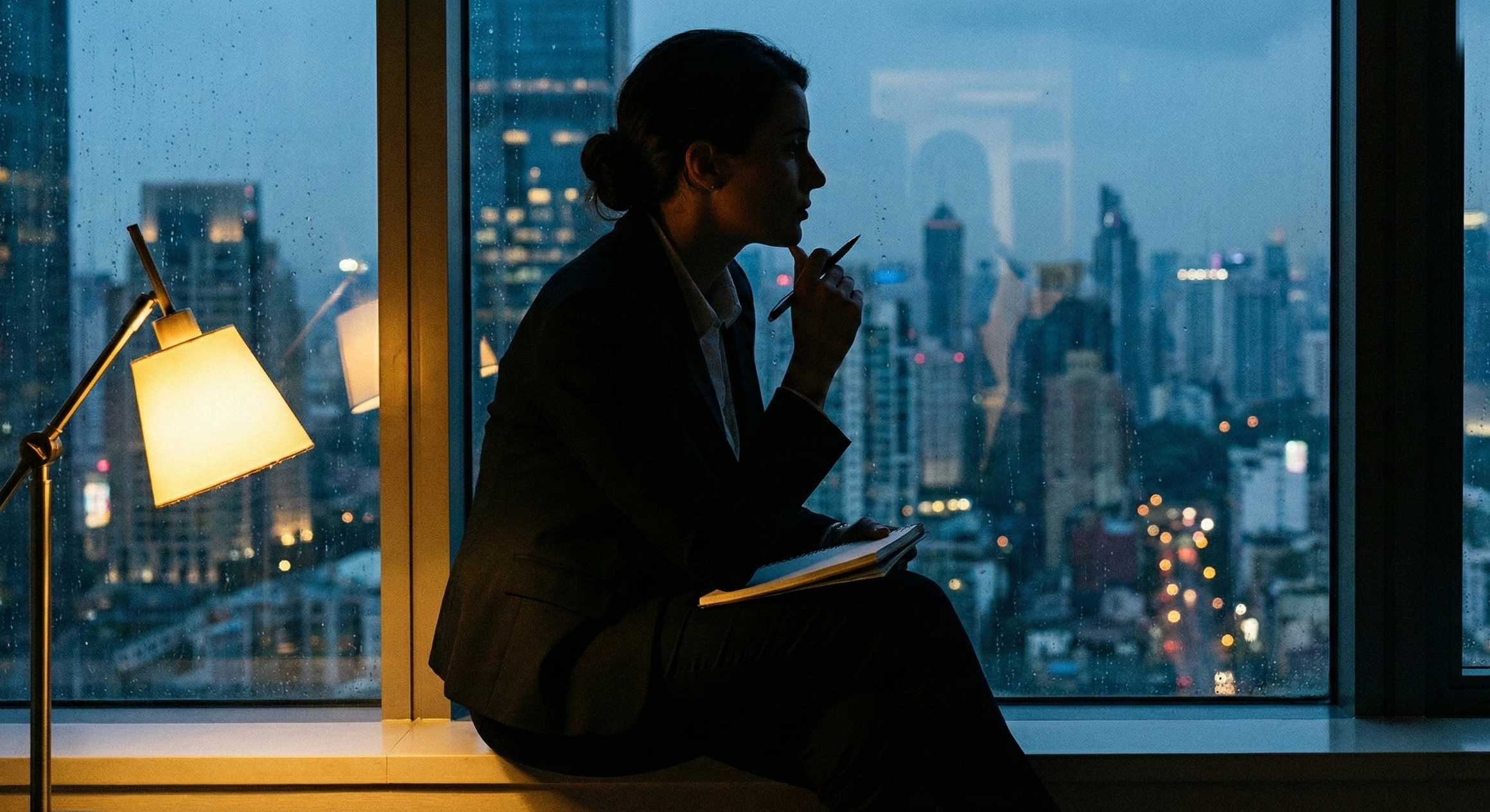 Asesor inmobiliario reflexionando frente a una ventana sobre los logros y aprendizajes del año sin culpa.