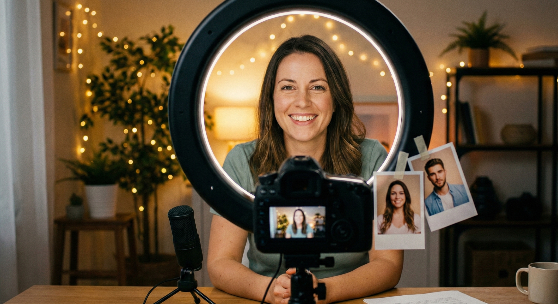 Creador de contenido grabando video frente a fotos de referencia de sus clientes ideales para personalizar el mensaje.