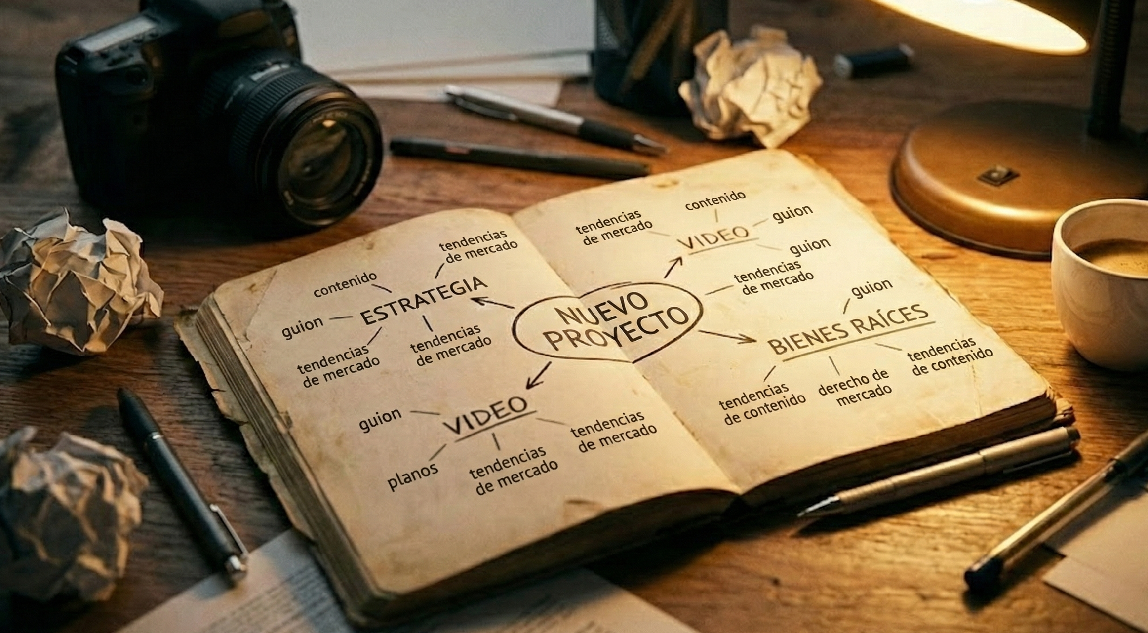 Escritorio creativo con mapas mentales y notas, mostrando la construcción de nuevas oportunidades profesionales.