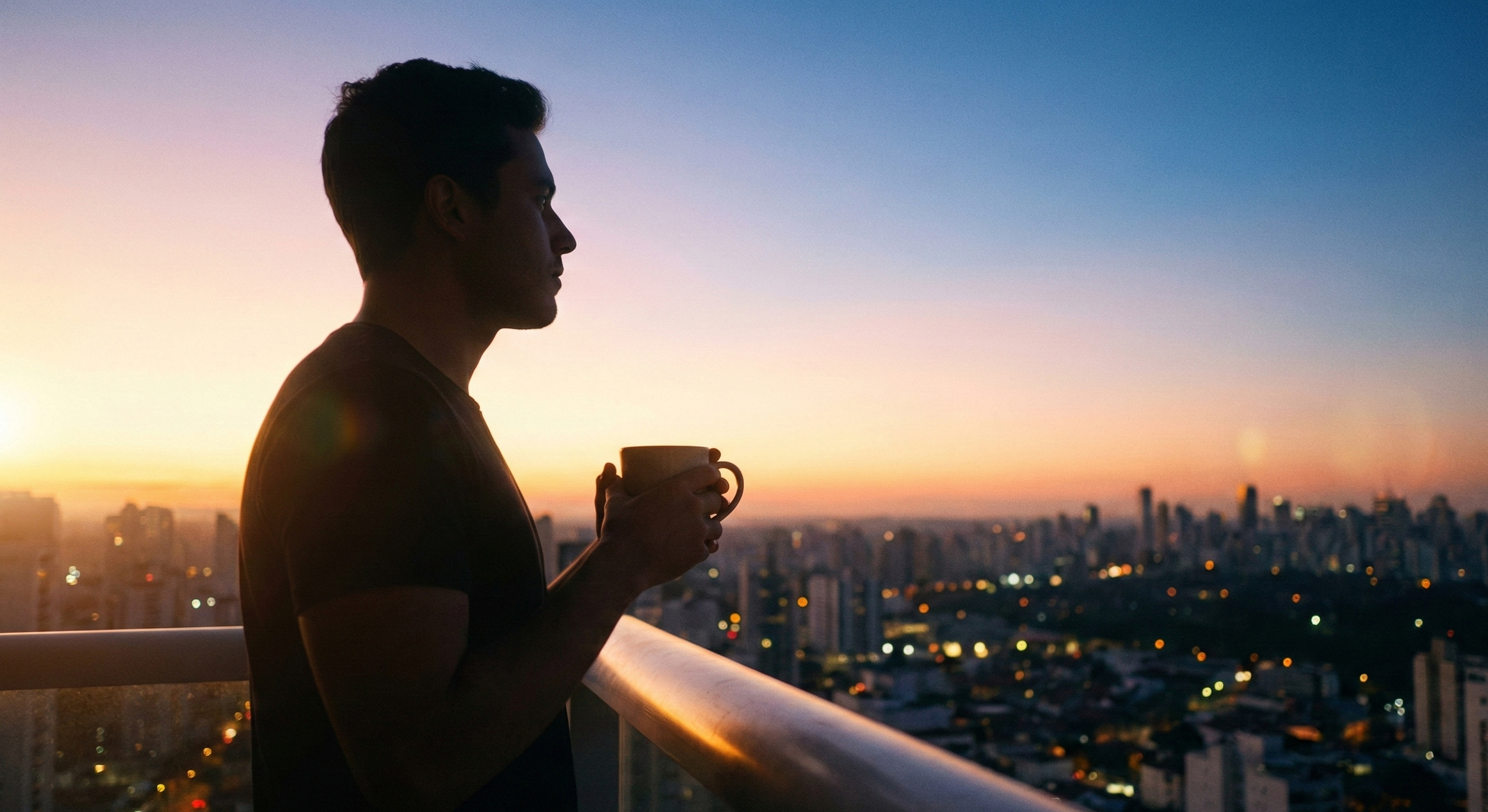 Silueta de persona mirando un amanecer tranquilo con café en mano, lista para empezar el año con energía renovada.