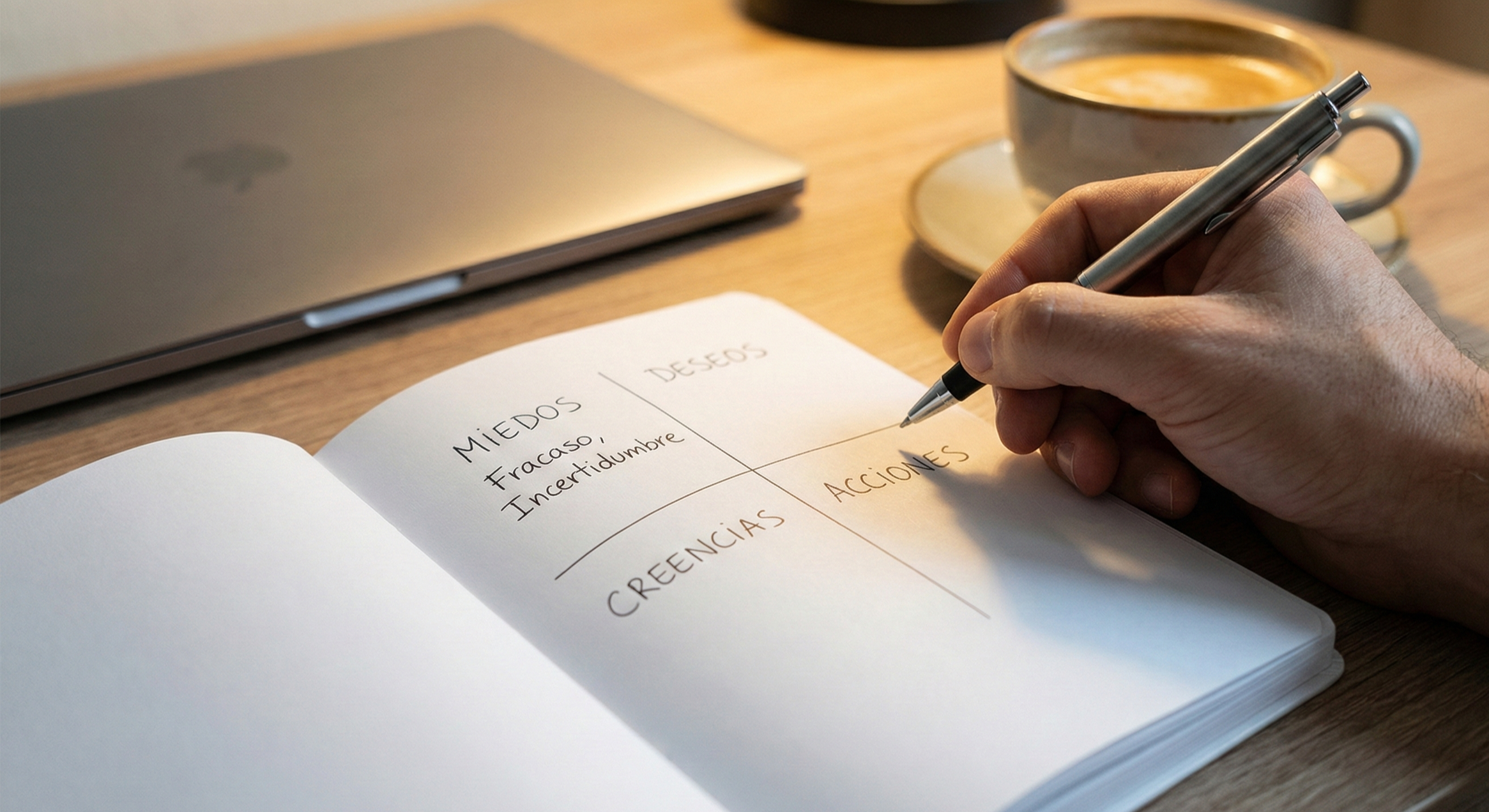 Mano escribiendo en libreta un mapa de empatía con miedos y metas para definir al buyer persona inmobiliario.