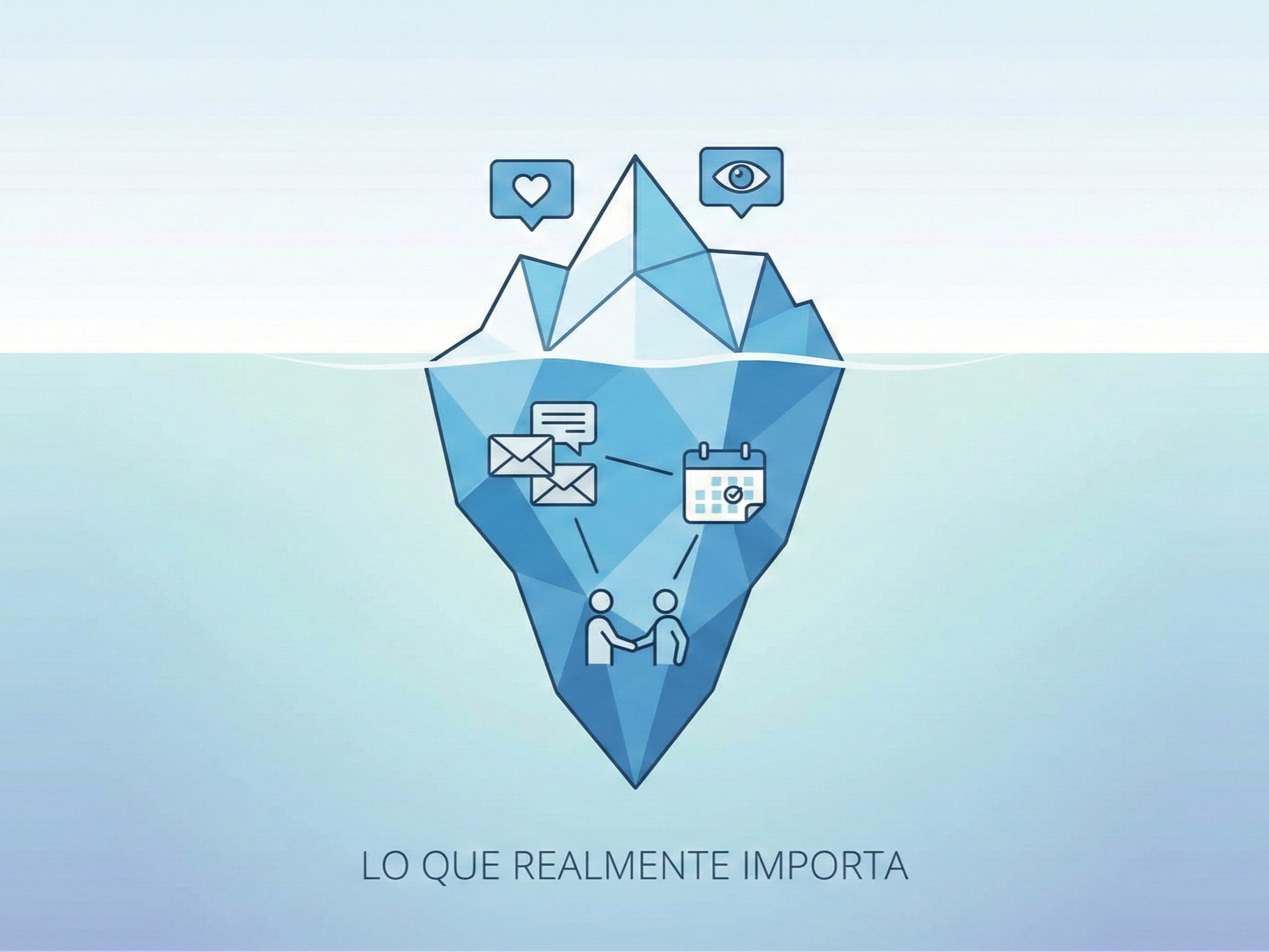 Ilustración conceptual de un iceberg donde la pequeña punta visible sobre el agua muestra iconos de "likes" y vistas. La gran masa sumergida debajo del agua contiene iconos de mensajes directos, un calendario con citas y un apretón de manos.
