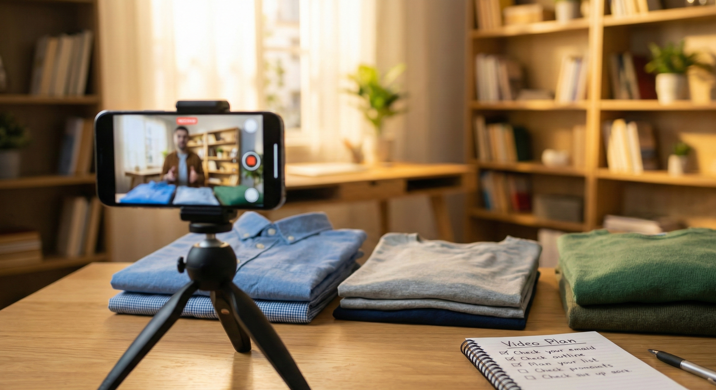 Espacio de trabajo preparado para grabar videos en bloque (batching) con cambios de ropa para optimizar tiempo.