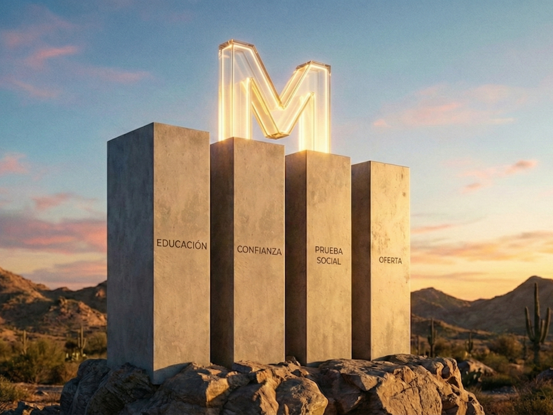 Fotografía conceptual de cuatro pilares de concreto en un desierto al atardecer, sosteniendo una estructura luminosa en forma de letra M, con las palabras "Educación, Confianza, Prueba Social, Oferta" grabadas en ellos.