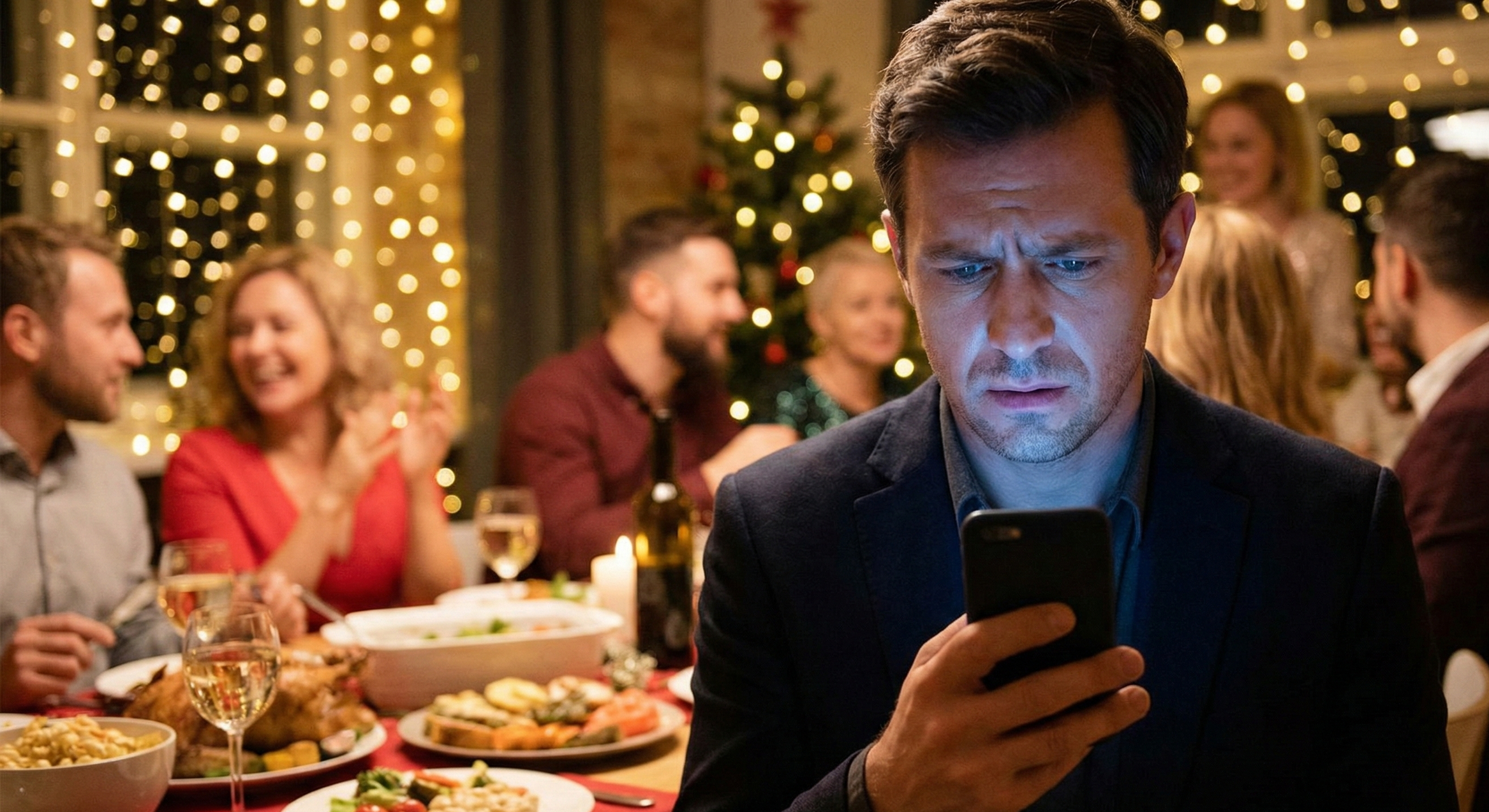 Persona en fiesta navideña mirando el celular con preocupación, representando la ansiedad por no trabajar.