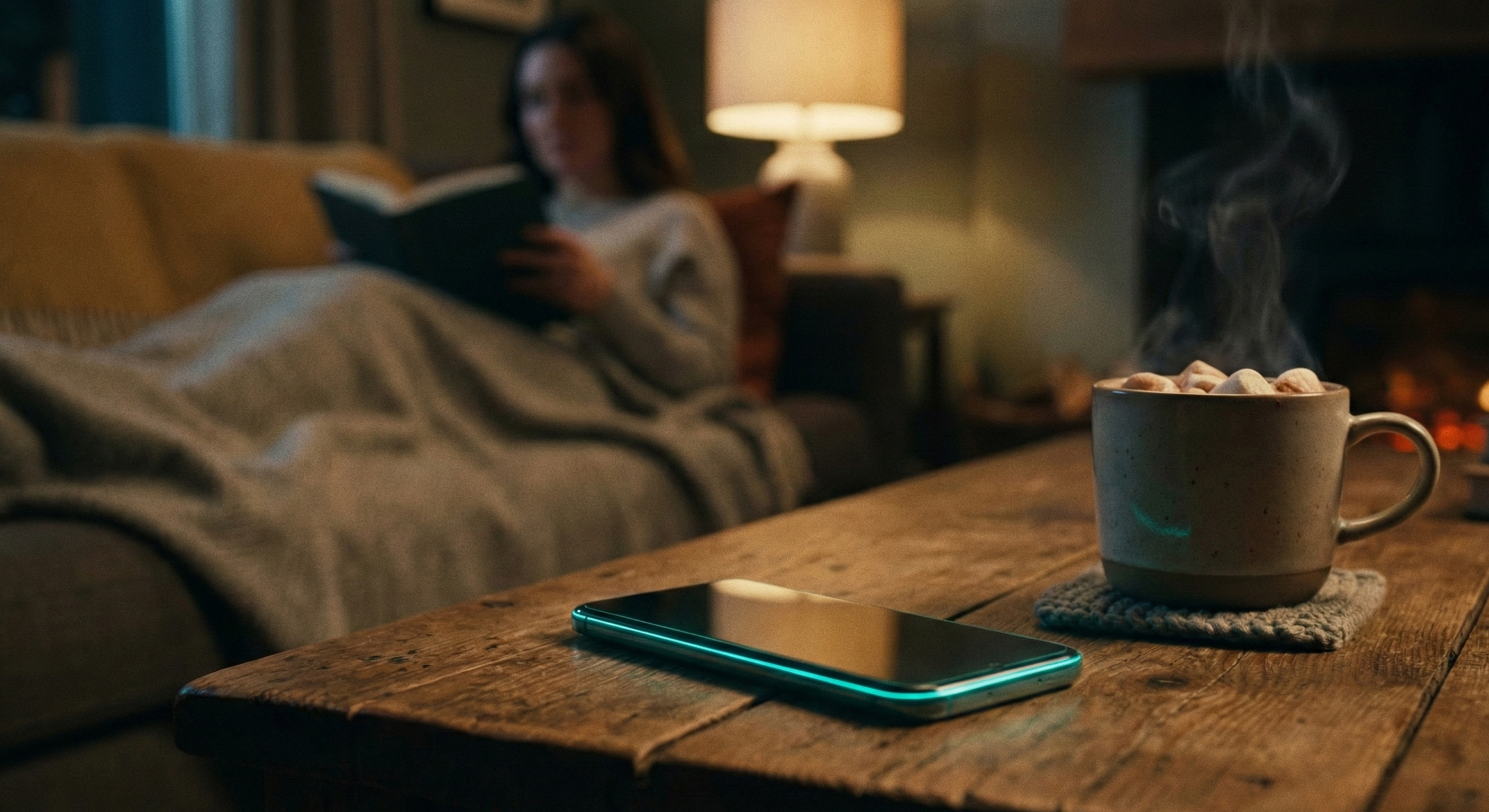 Smartphone boca abajo en modo no molestar junto a un libro, simbolizando el descanso digital intencional.