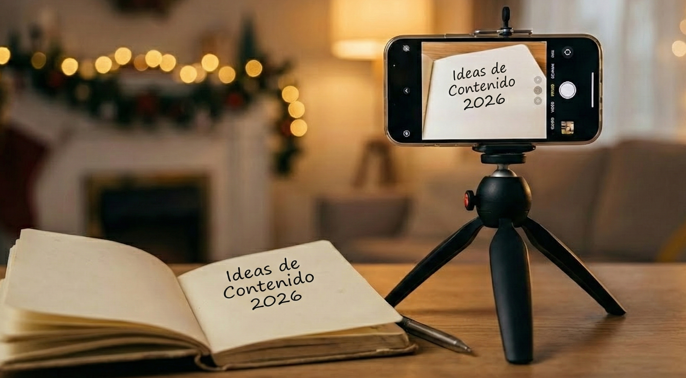 Smartphone listo para grabar y libreta con ideas de contenido atemporal (evergreen) para el próximo año.