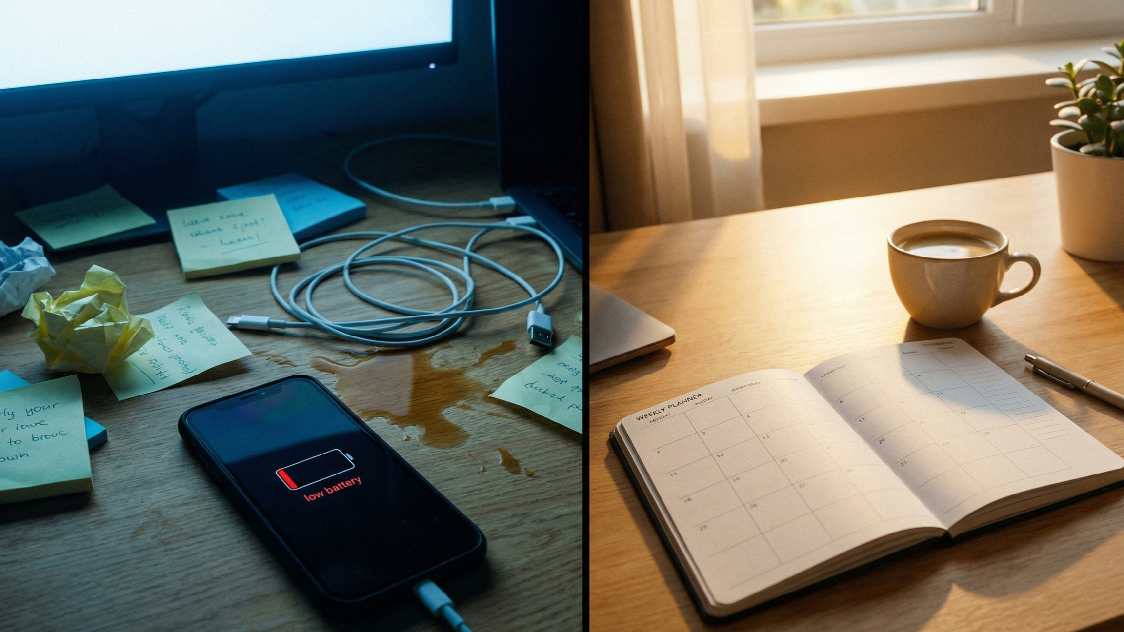 Comparativa visual en pantalla divida: a la izquierda un escritorio caótico y lleno de notas adhesivas, a la derecha un espacio de trabajo ordenado y minimalista con una agenda, representando la organización de un sistema de contenido inmobiliario.