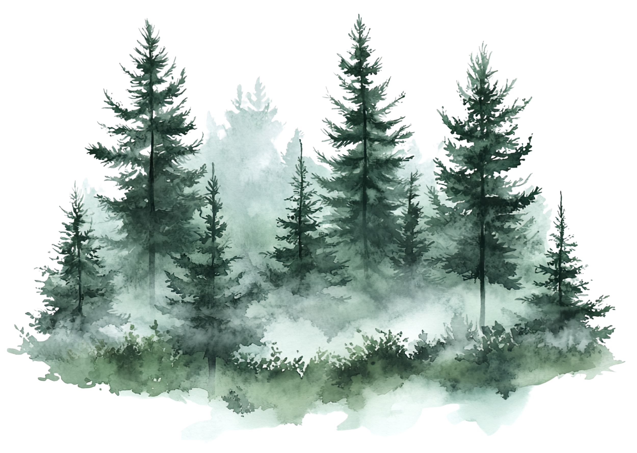 Watercolor painting of a forest with tall pine trees and misty atmosphere