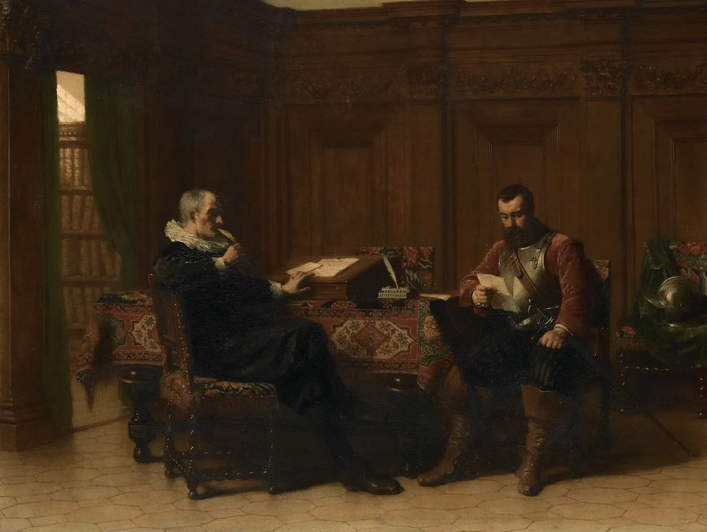 A painting of two men in historical attire sitting in a wood-paneled room with a desk, books, and armor on the side. One man is reading a document, and the other is looking at a paper.