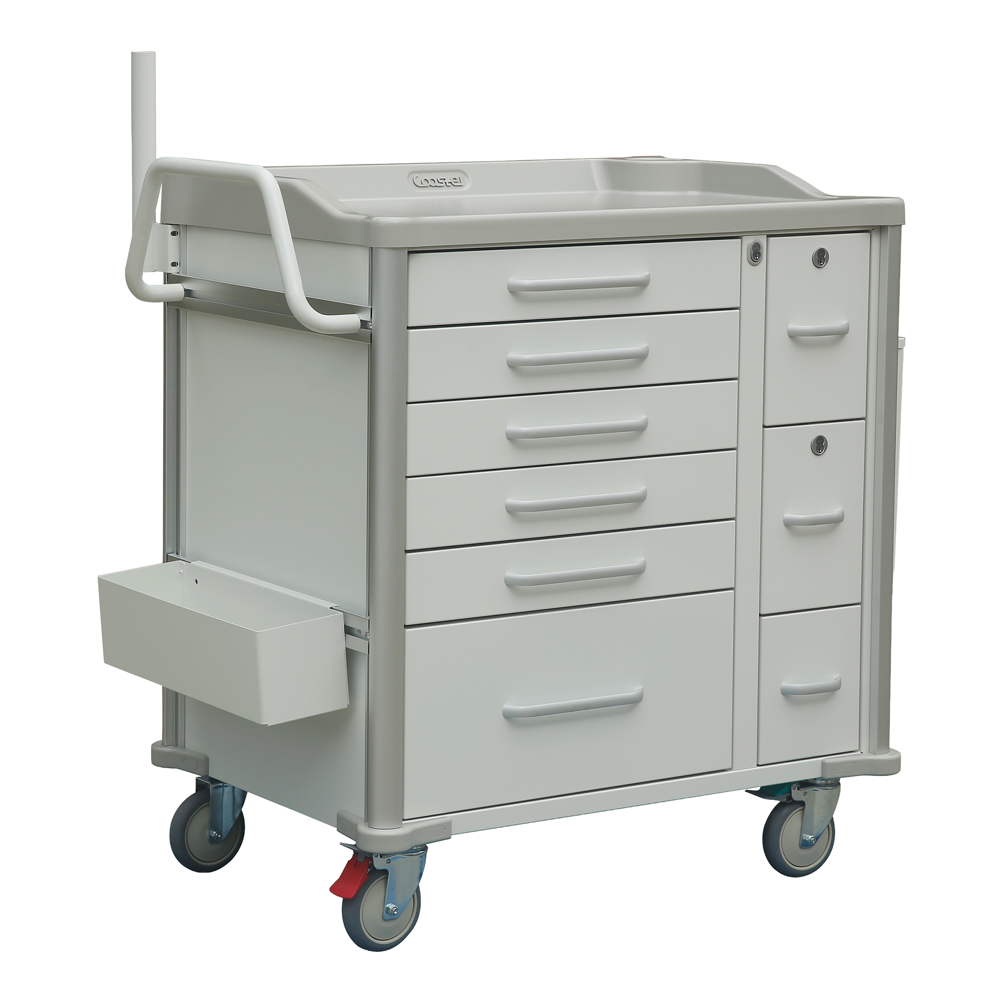 Medcart Canada Inc. Coaster hospital bedside cart with multiple drawers, locking compartments, side handle, and caster wheels, ABS construction, anti-microbial