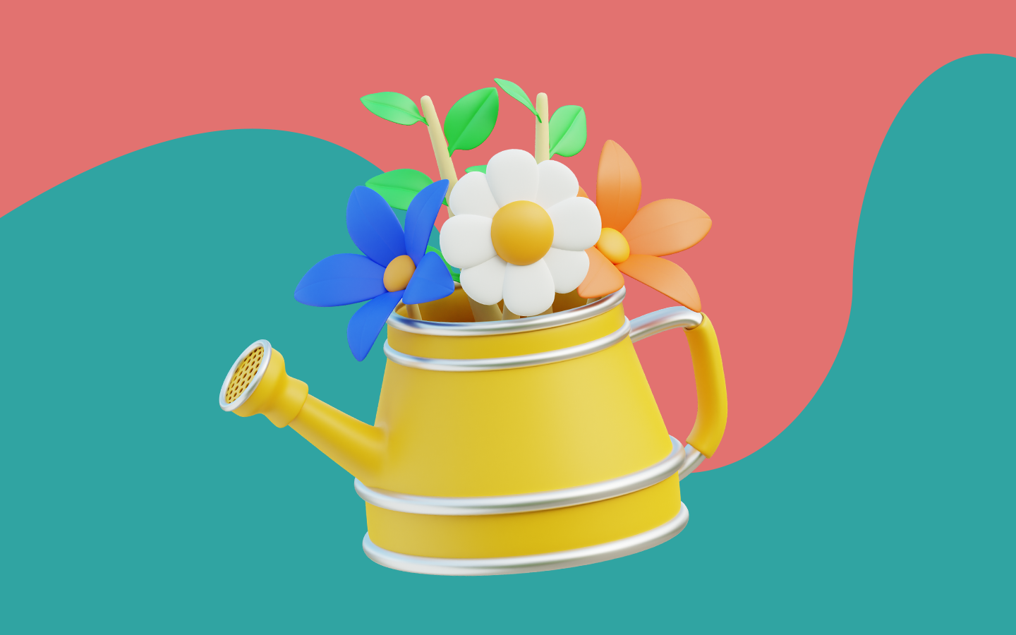 3D image of flowers in a yellow watering can