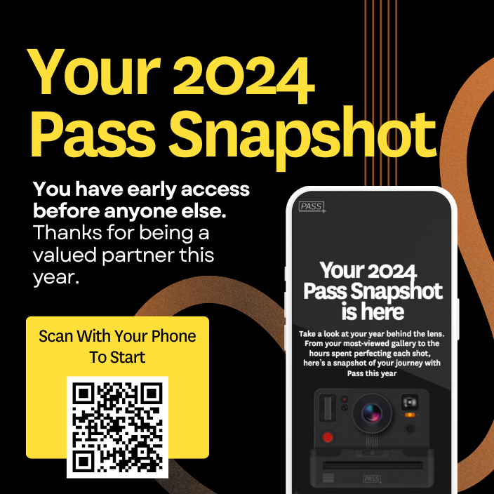 A promotional graphic for a 2024 pass snapshot, featuring a smartphone with a QR code, and text highlighting early access and partnership acknowledgment.