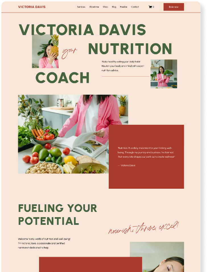 Website homepage for Victoria Davis Nutrition Coach, featuring a photo of a woman holding a pineapple, a woman in a pink jacket in a kitchen with fresh vegetables, and various colorful vegetables on a table.