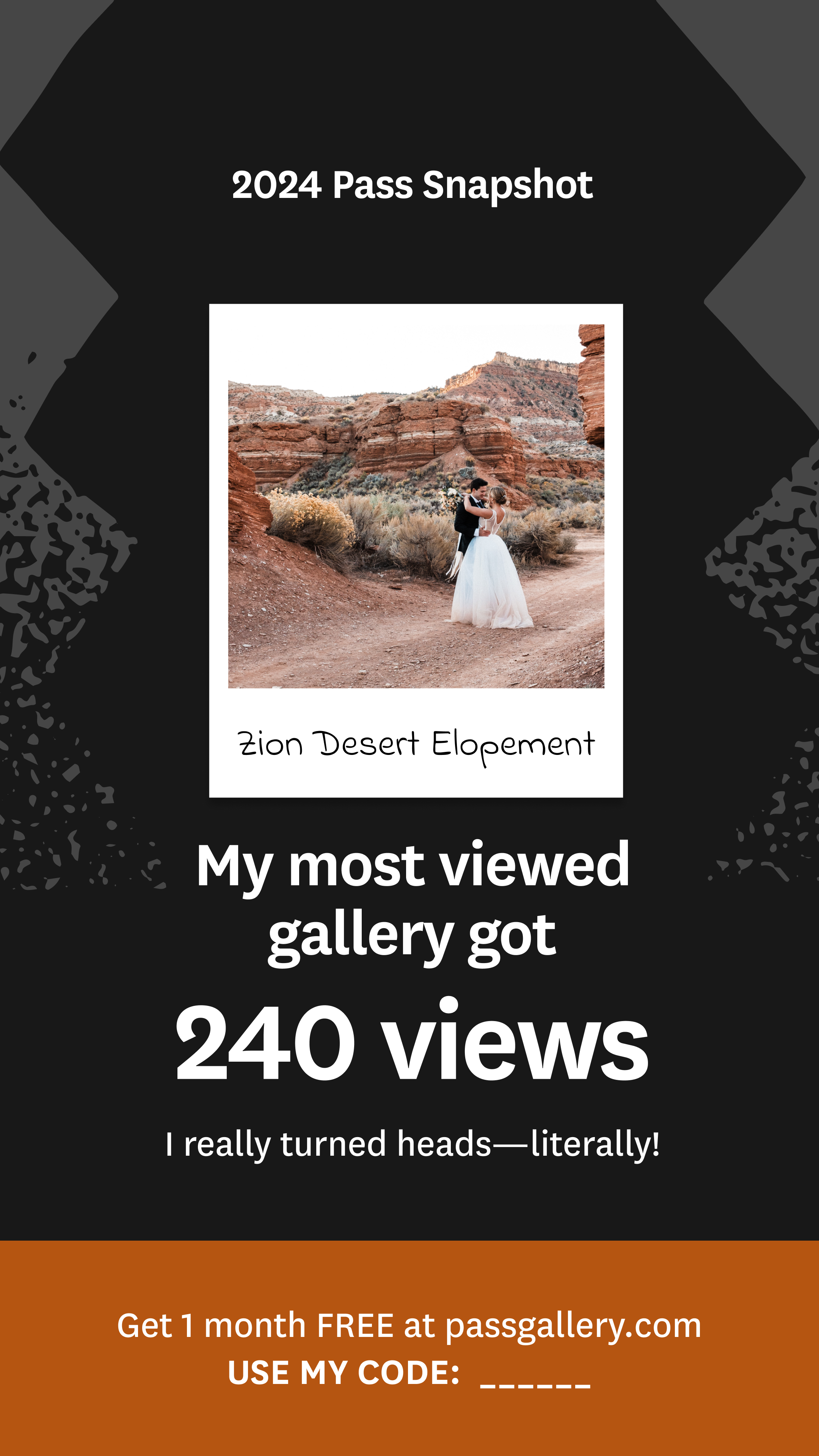 Social media post highlighting a photo from Zion Desert Elopement, with a couple embracing in a desert landscape, and text stating their gallery received 240 views.