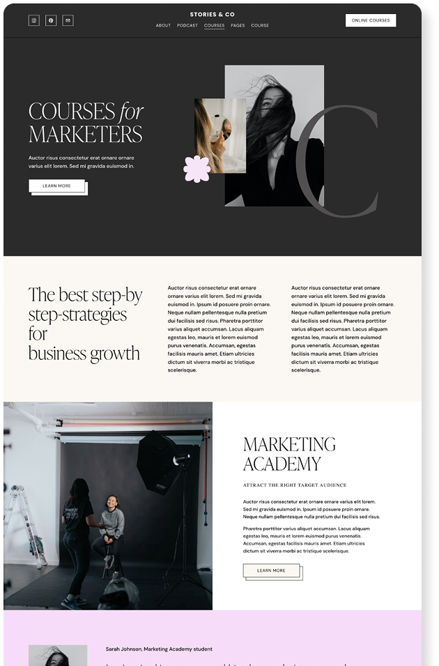 A website homepage for a marketing courses business features a dark header with navigation options, a large gray section with promotional text, a photo of a woman with long hair, and a photo of two women in a photography studio, with a pastel purple footer.