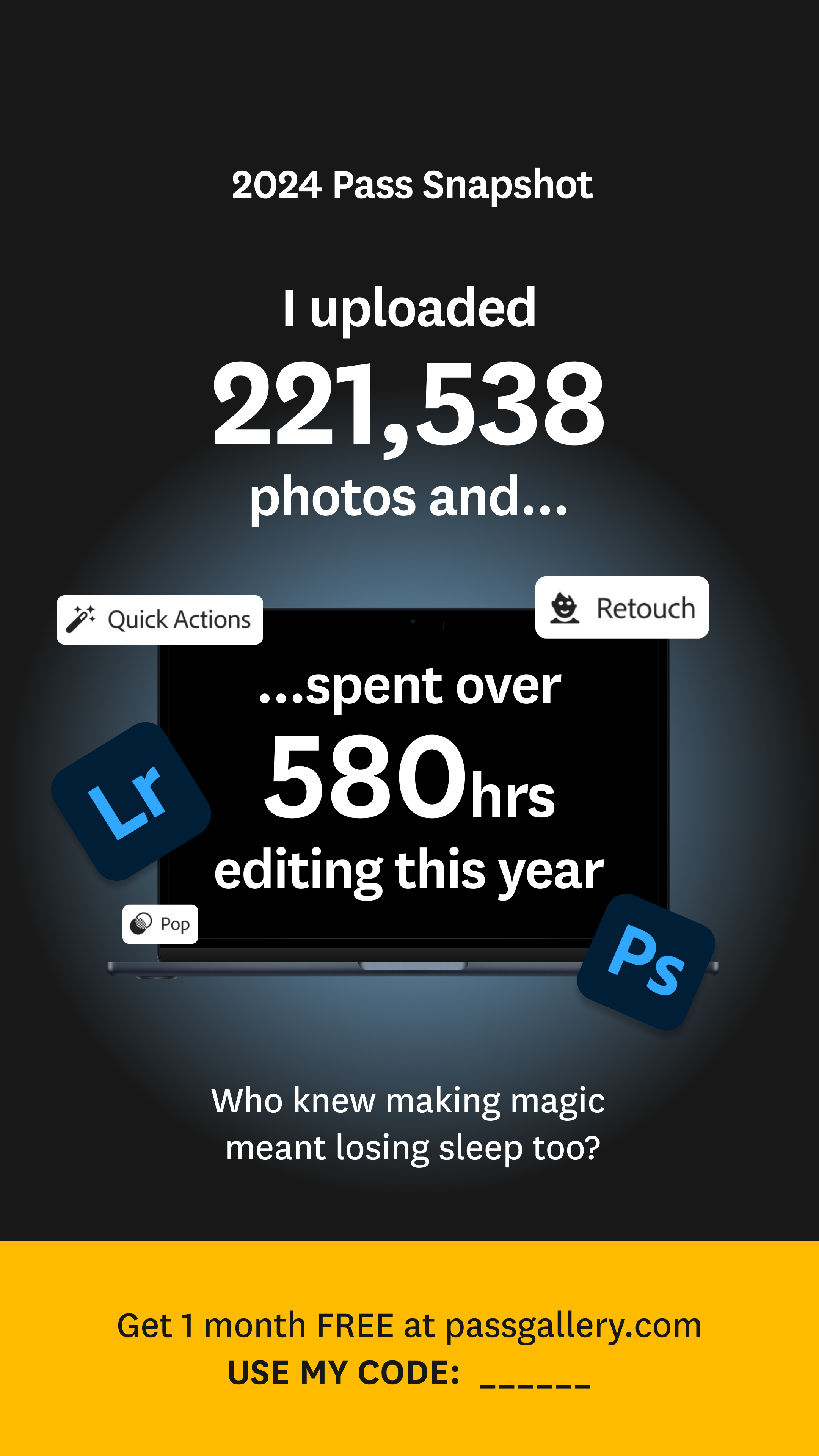 A digital graphic displaying a photo storage and editing summary. It mentions uploading 221,538 photos, spending over 580 hours editing, and promotes a free trial of a photo editing service using a code.