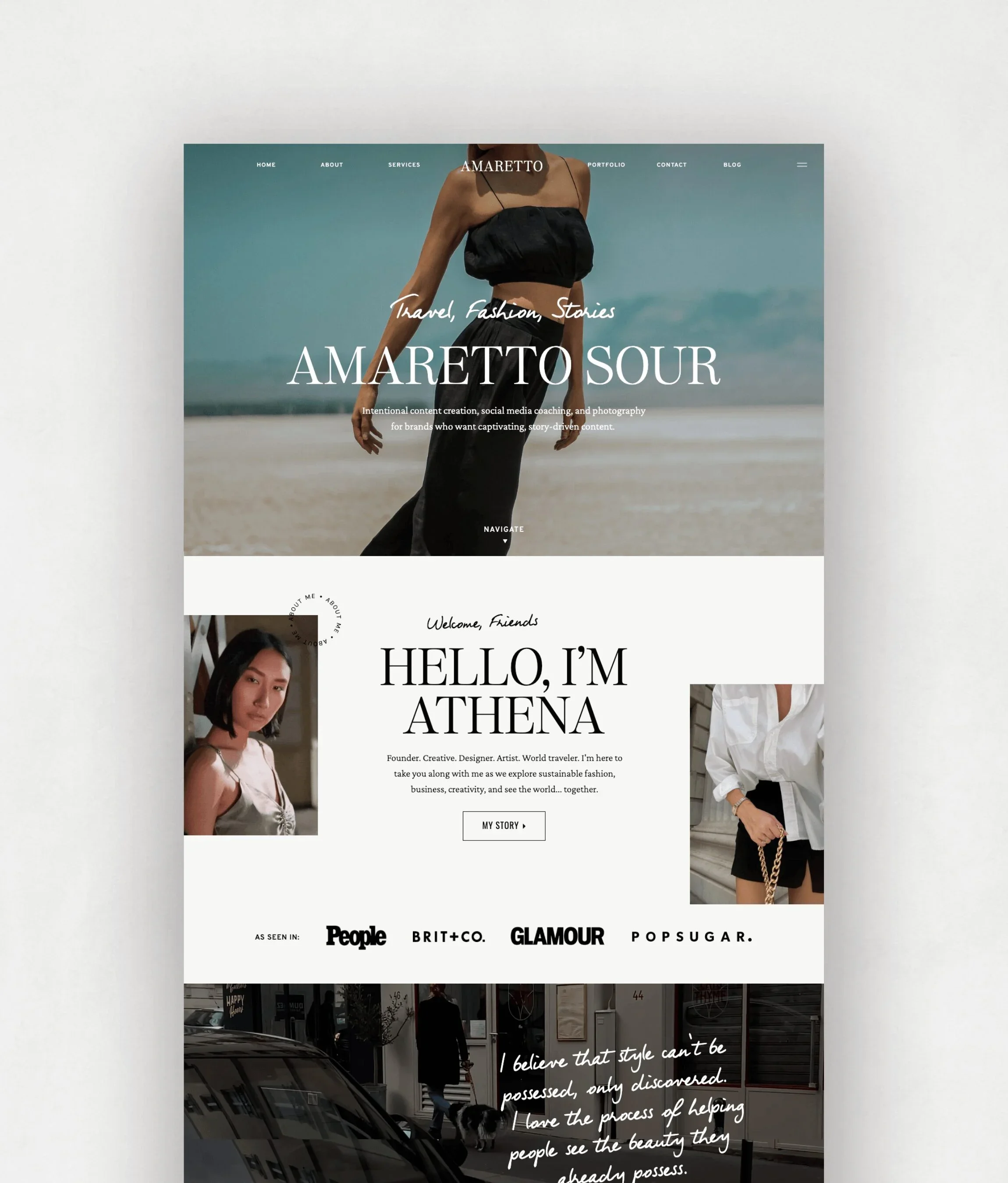 A fashion website homepage featuring a woman in black outfit at the beach, with sections about the designer Athena, media features, and personal notes, with navigation menu at the top.