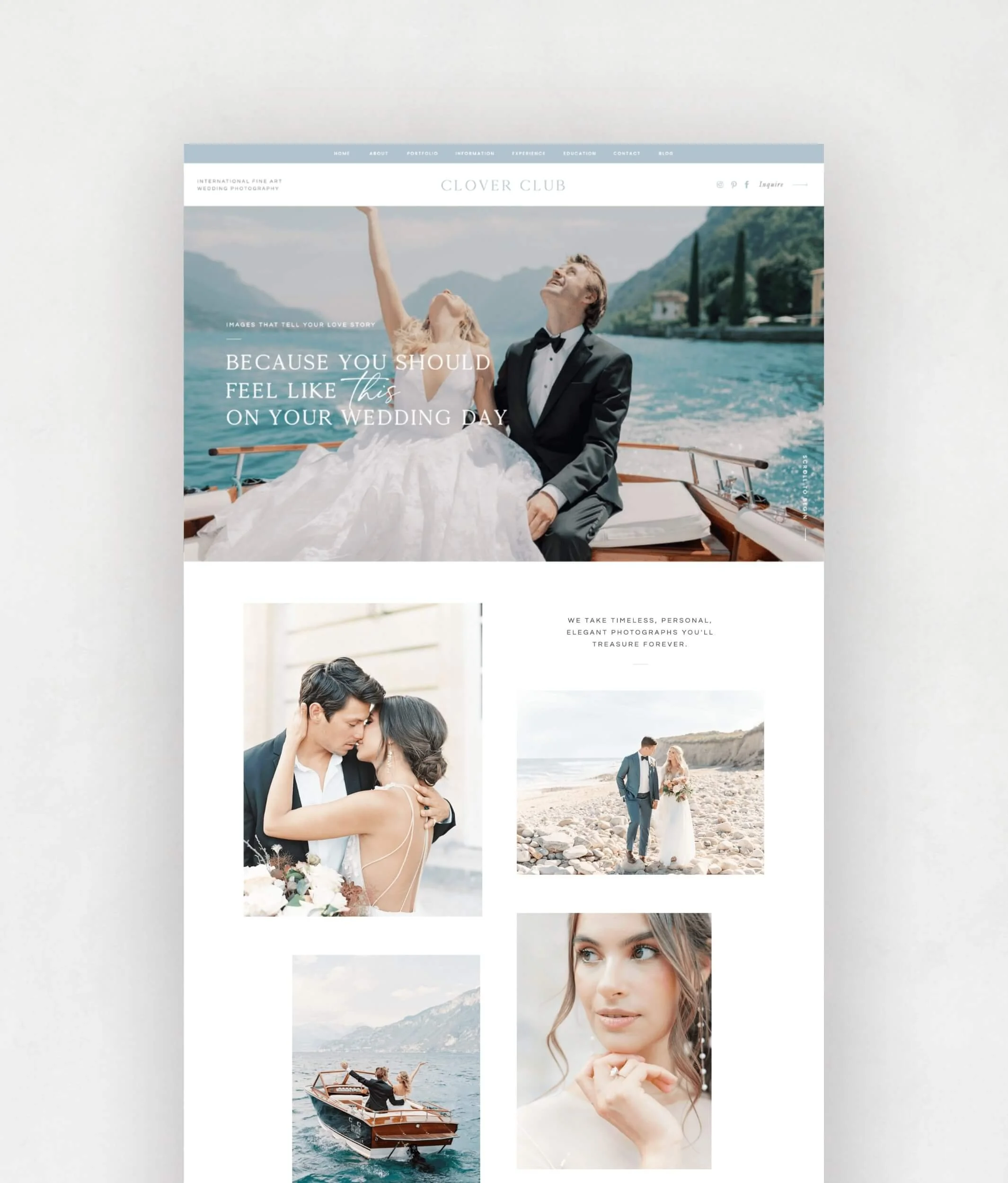 A wedding website homepage with images of a couple on a boat, on the beach, and close-up portraits, featuring elegant design and wedding photography.