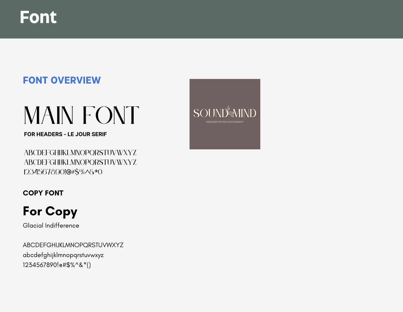 A webpage showing different font styles. The page has a header labeled 'Font' and sections titled 'Font Overview' and 'Copy Font.' The main font example is 'Main Font' in a serif style, with the font name 'Le Jour Serif' and sample alphabets, numbers, and symbols. There's also a section for a 'Copy Font' called 'Glacial Indifference' with sample text and alphabet.