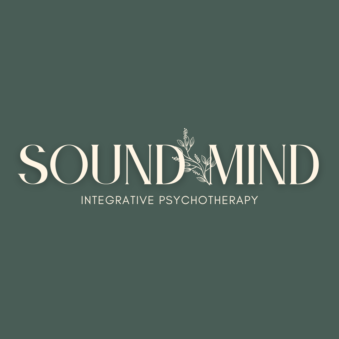 Logo for Sound Mind Integrative Psychotherapy with elegant white text and botanical design on a muted green background.