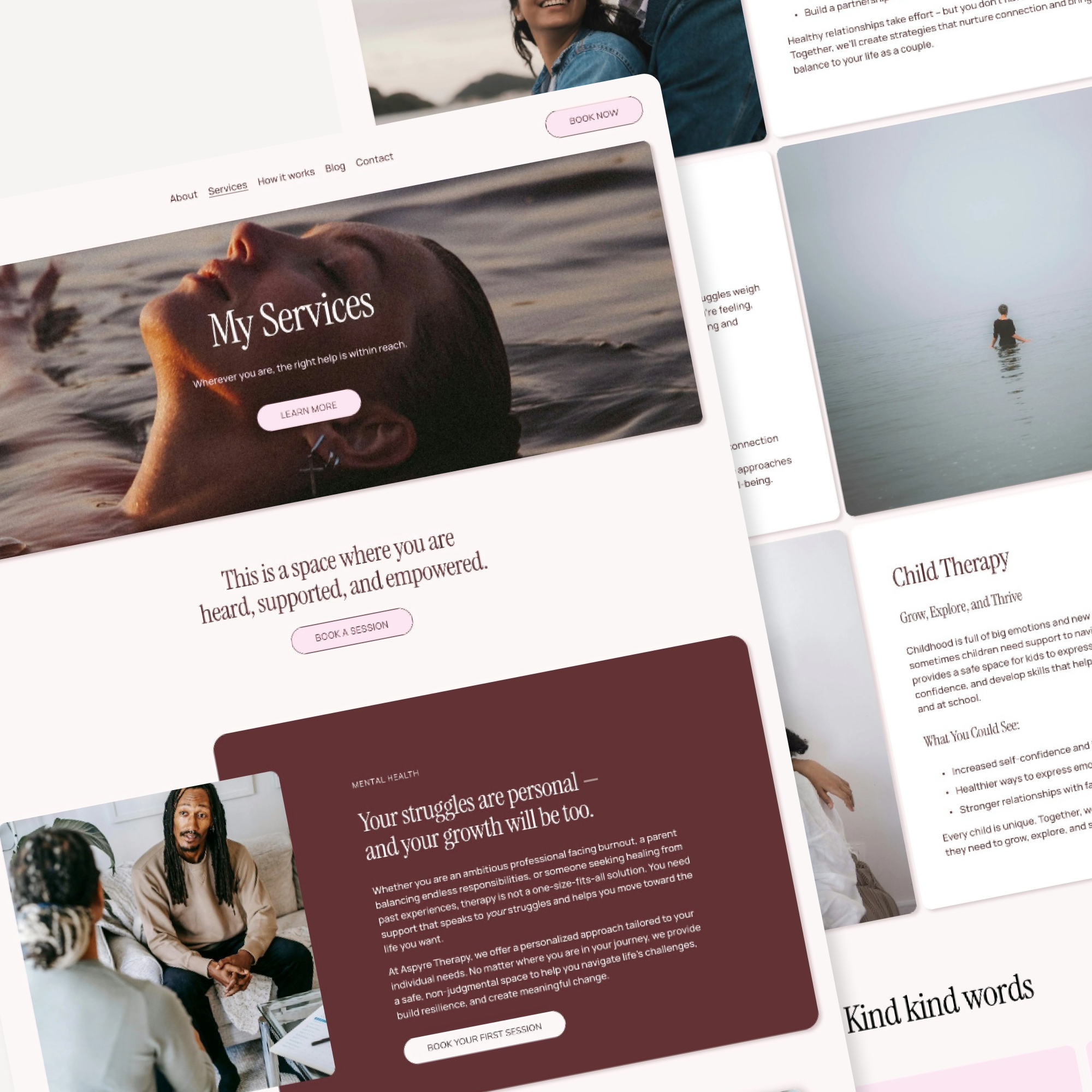 Multiple overlapping webpage screenshots displaying various services such as mental health counseling, child therapy, and wellness programs with images of people and calming backgrounds.