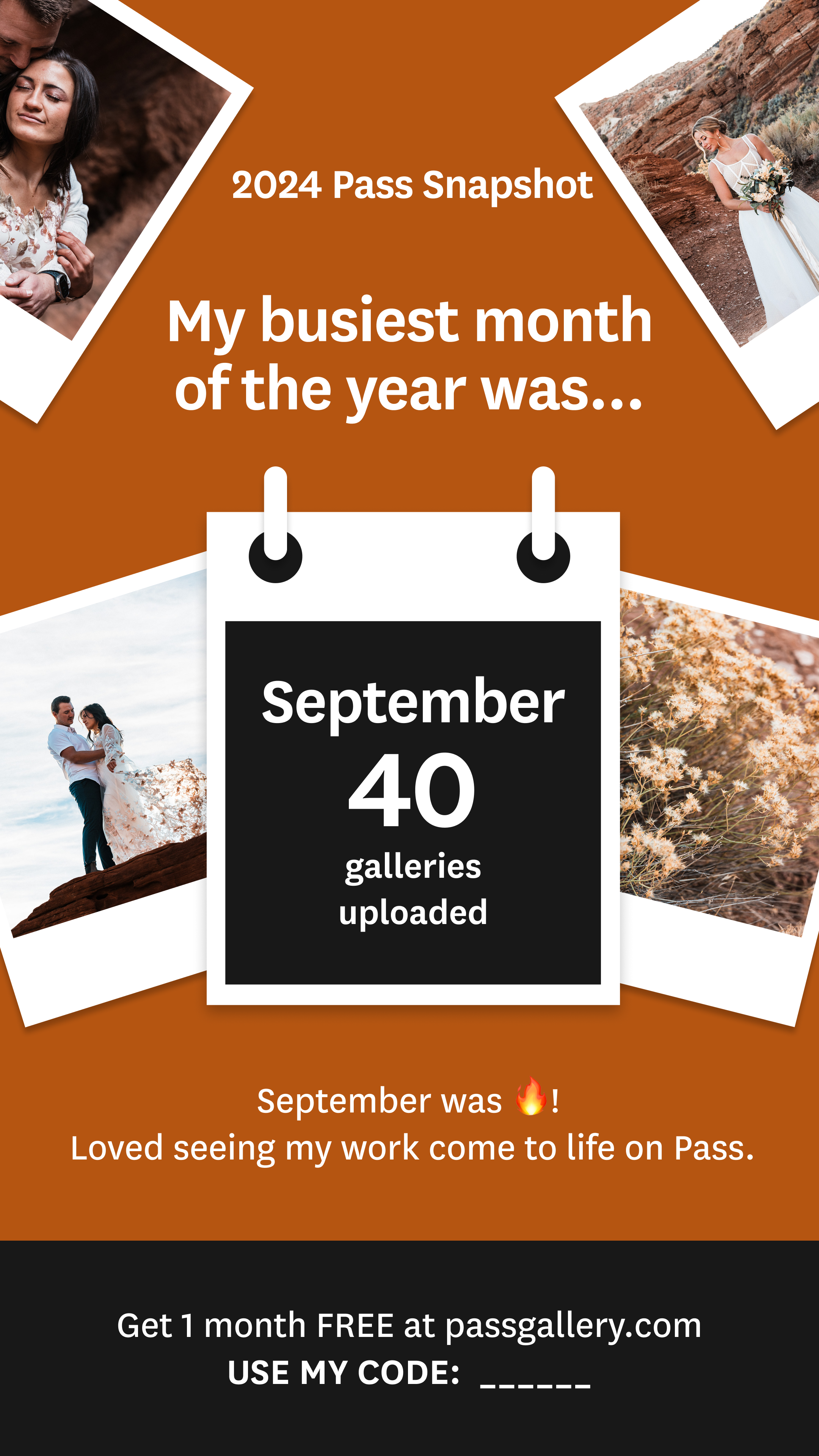 A graphic with a brown background and four Polaroid-style photos of a couple in outdoor settings, a white calendar overlay, and white text. The photos show the couple embracing and posing near rocky terrain and desert bushes. The calendar indicates the month of September with 40 galleries uploaded, and the text mentions it as the busiests month of the year.