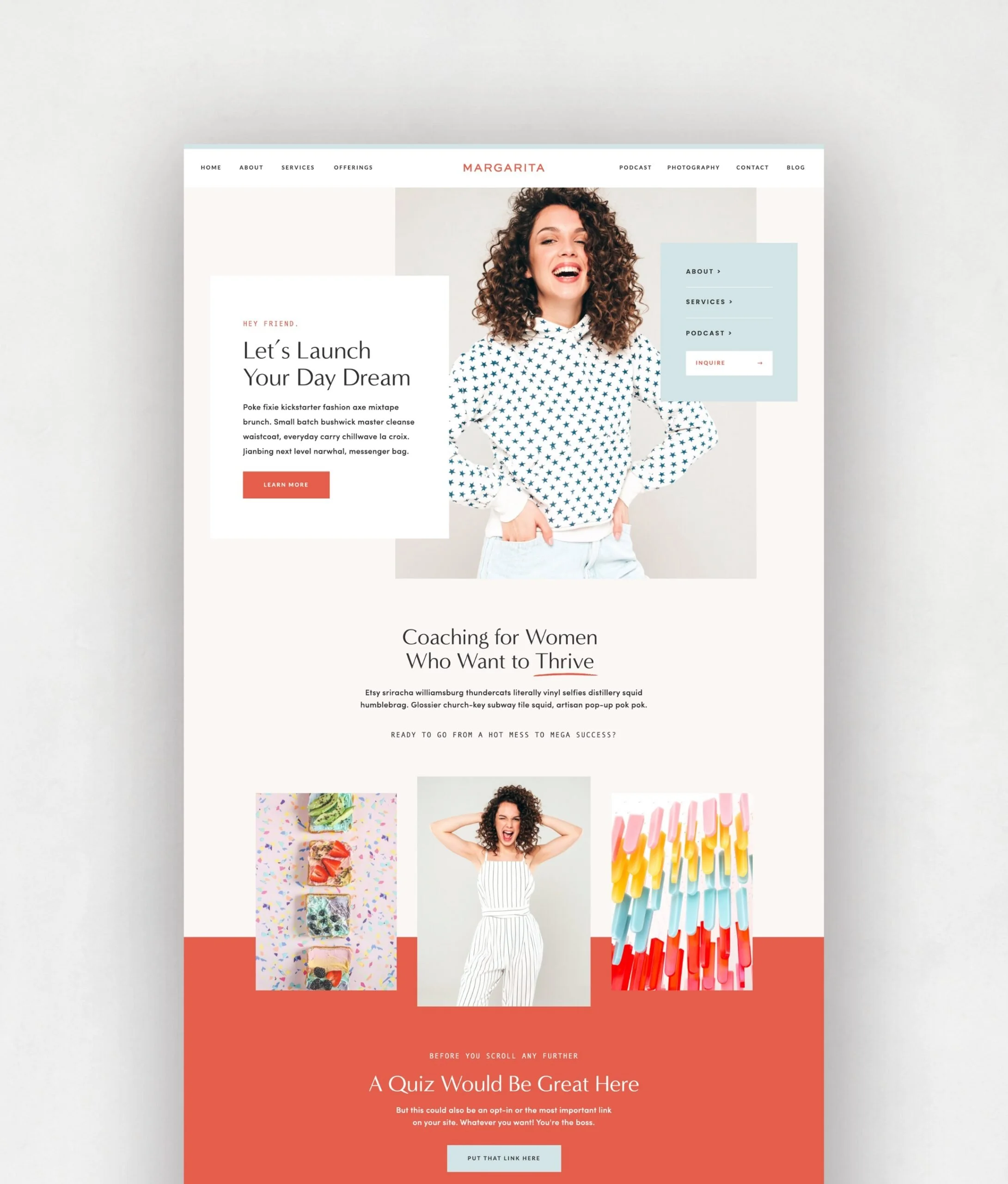 Homepage of a website titled 'Margarita' featuring a woman with curly hair wearing a star-patterned blouse, smiling with her hands on her hips, and various sections promoting coaching for women, pictures of colorful popsicles, a woman in striped jumpsuit, and a coral-colored background with a link prompt.