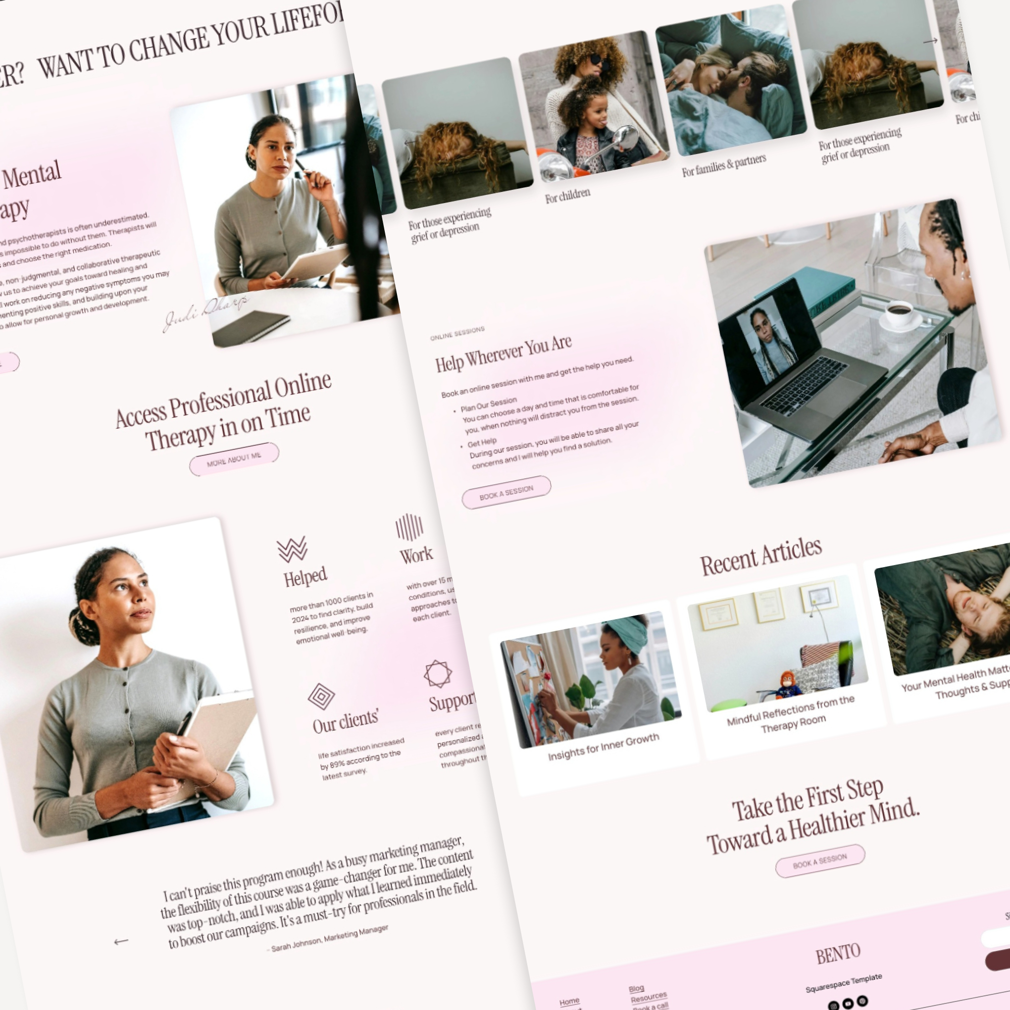 Screenshots of a mental health therapy service website, showcasing a therapist talking, online therapy sessions, recent articles, and booking options, with a soft pink and white color scheme.