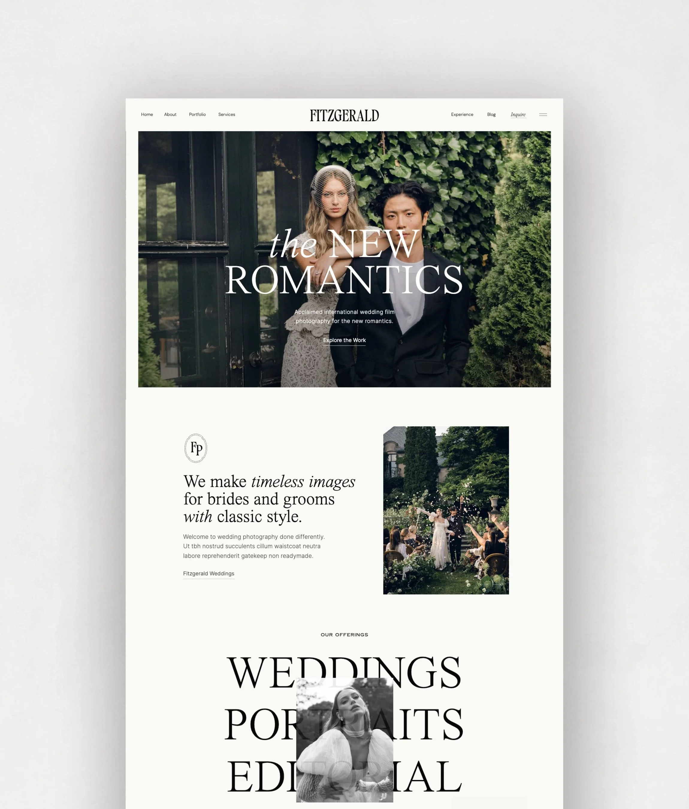 A wedding photography website homepage featuring a header image of a bride and groom standing outdoors, with a green foliage backdrop. The page includes sections about timeless wedding images, offerings for wedding portraits, and a black-and-white photograph of a bride.