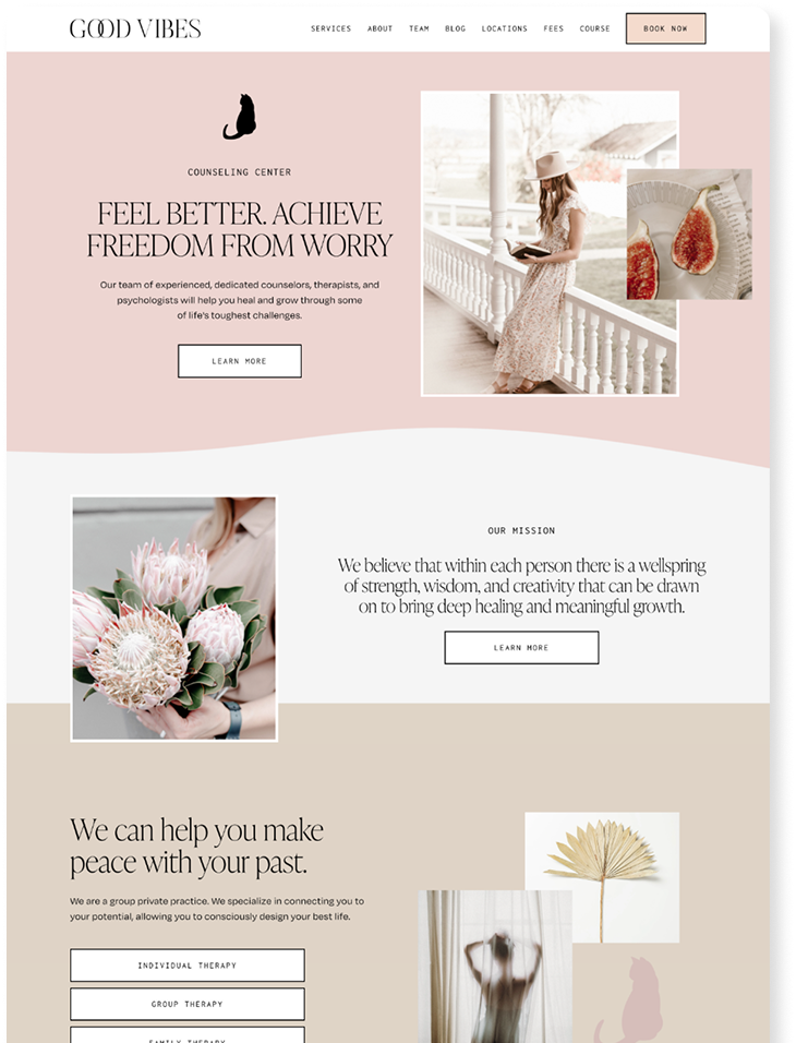 Homepage of a counseling center website named 'Good Vibes,' featuring sections about services, team, blog, locations, fees, course, and a 'Book Now' button. The page highlights themes of mental health, healing, and personal growth with images of a woman reading on a porch, flowers, and calming visuals.