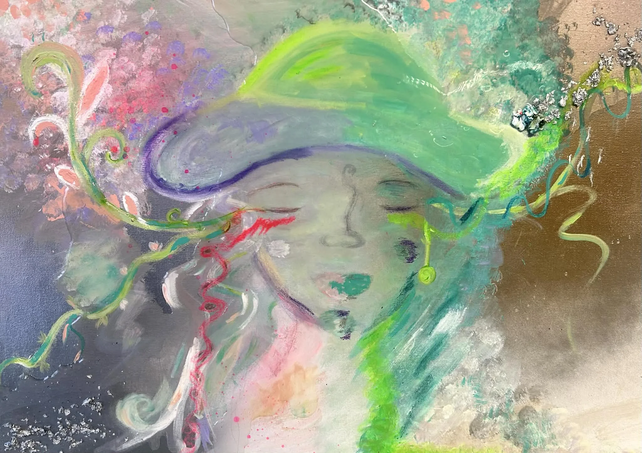 Pastel Elf. Existing in the soft and playful fairy garden. Allow yourself to play in your own garden. 12x20inch Mixed Media on Osb.