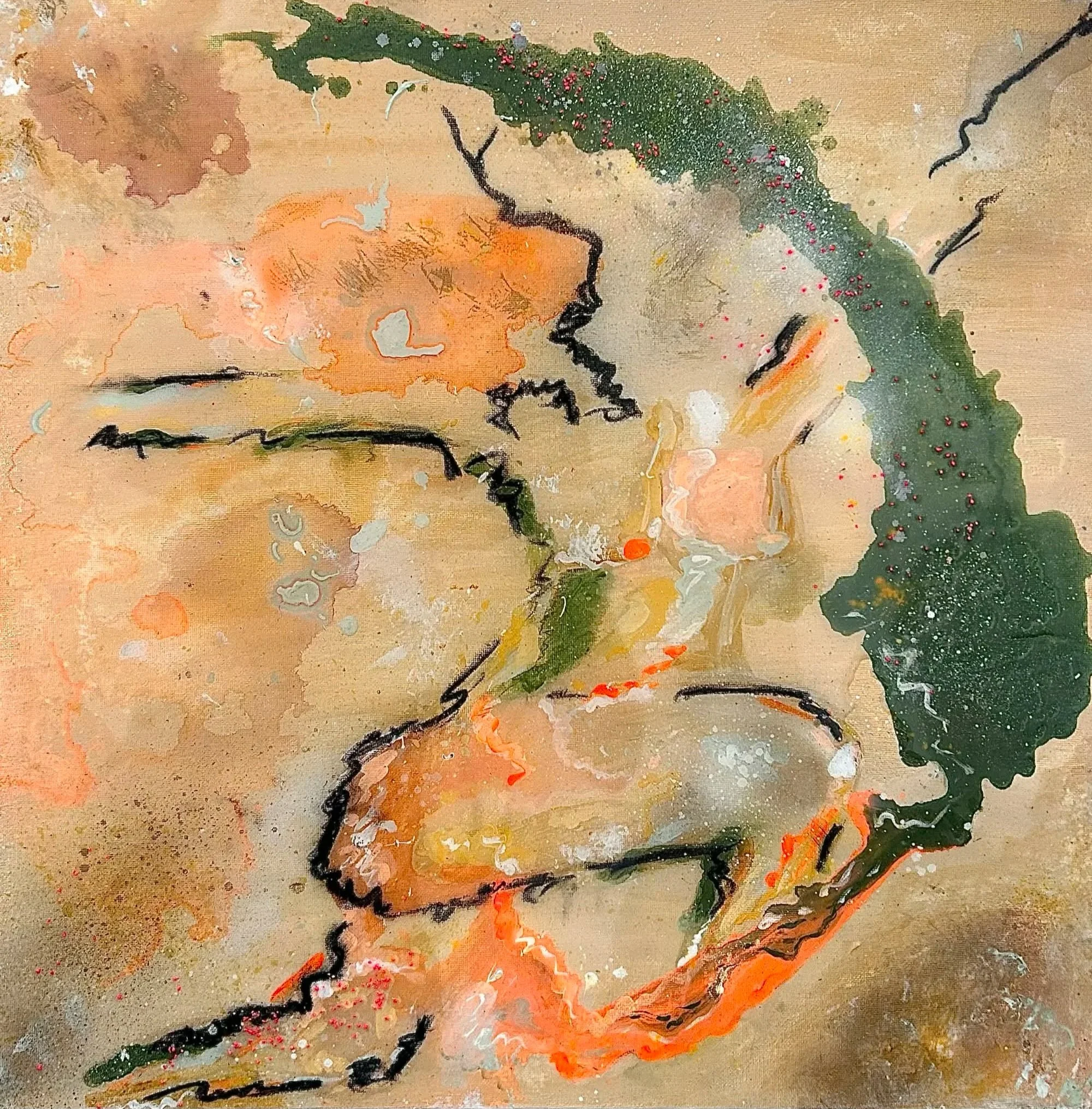 Expansion. She is growing as she stays flexible in her mind and soul. Detached from self imposed limits. 12x12inch Mixed Media on Canva.