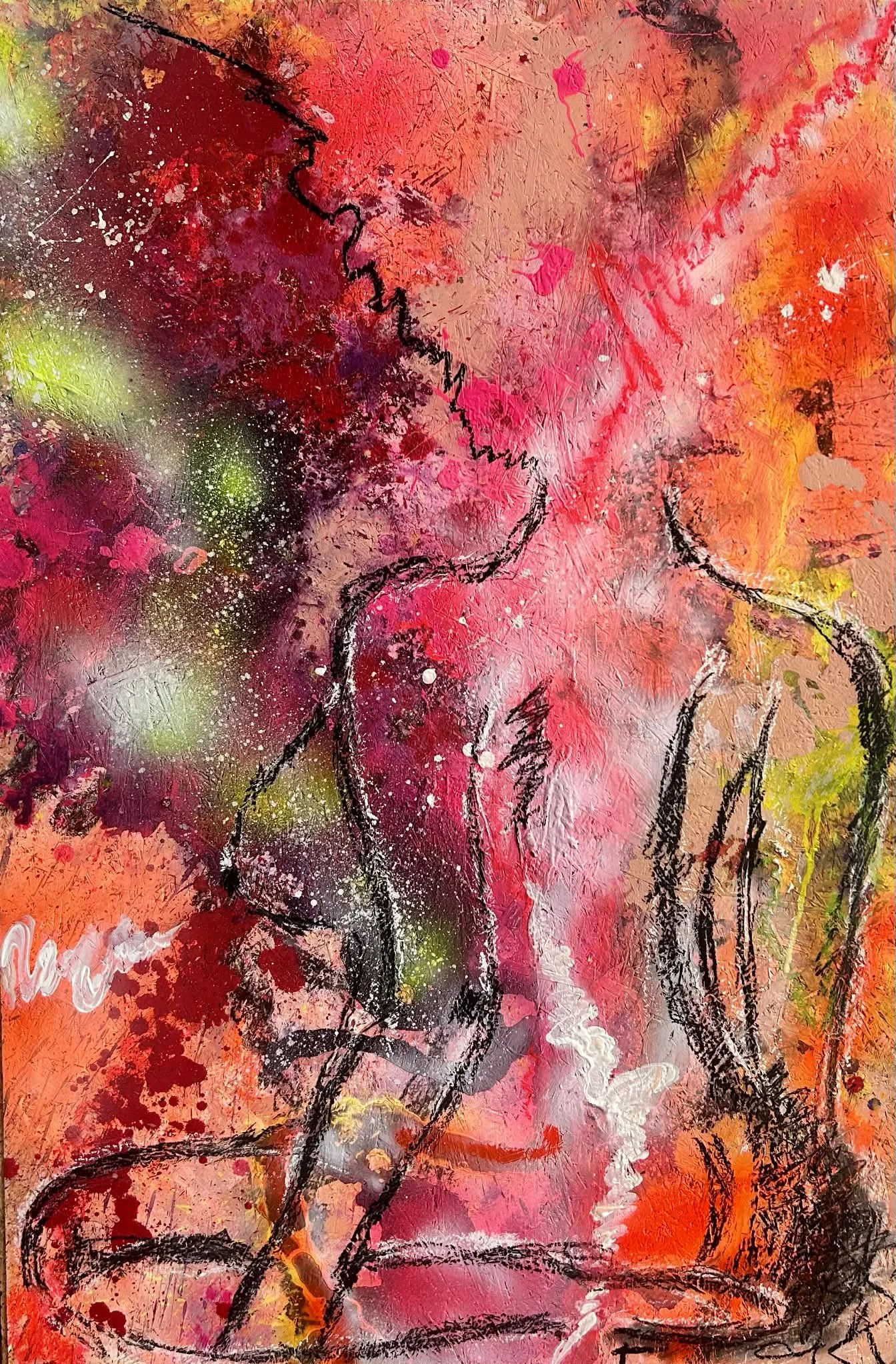 Spacer woman. Connected to the universe and her highest self. Inspired by the sunset colors of the black forest. 48x30inch Mixed Media on Osb.