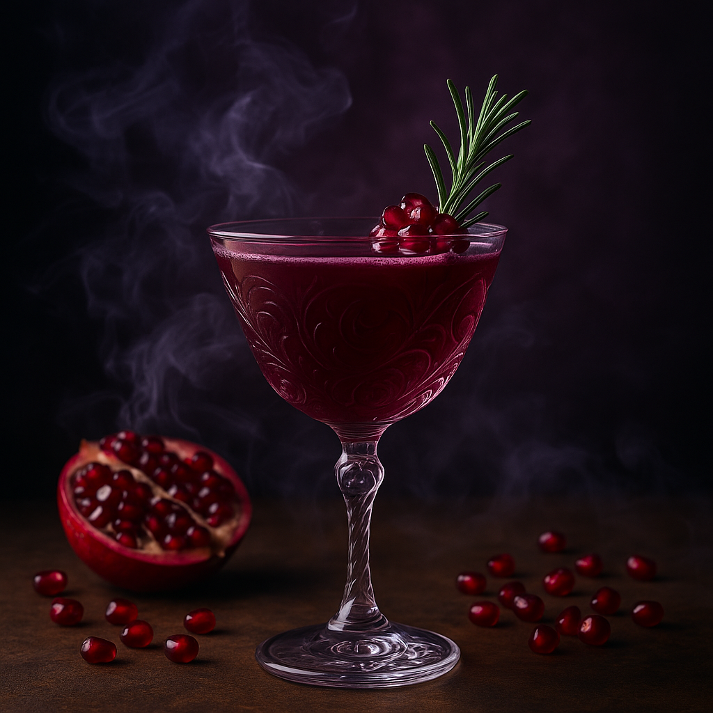 Ein elegant präsentiertes Glas mit rotem Punsch, garniert mit roten Johannisbeeren und Rosmarin, daneben auf einem dunklen Untergrund liegt eine halbe Granatapfel mit aufgeplatzten Samen, umgeben von verstreuten Johannisbeeren, mit leichter Rauchentwicklung im Hintergrund.
