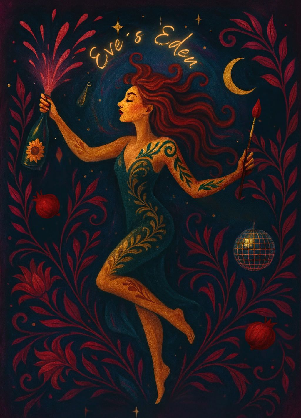 Künstlerische Darstellung einer Frau mit langen roten Haaren, die Feuerwerkskörper, einen Pinsel und eine Discokugel hält, umgeben von roten Blättern und einem Mond bei Nacht, mit dem Text "Eve's Eden" im Himmel.