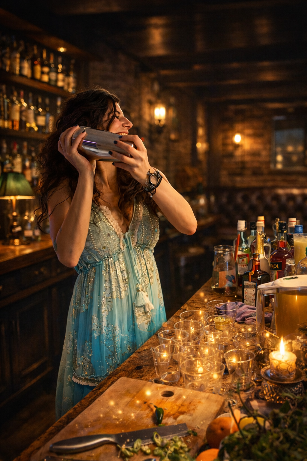 Frau in einem hellblauen Kleid beim Mixen eines Cocktails in einer Bar, umgeben von Flaschen, Gläsern und Kerzen.