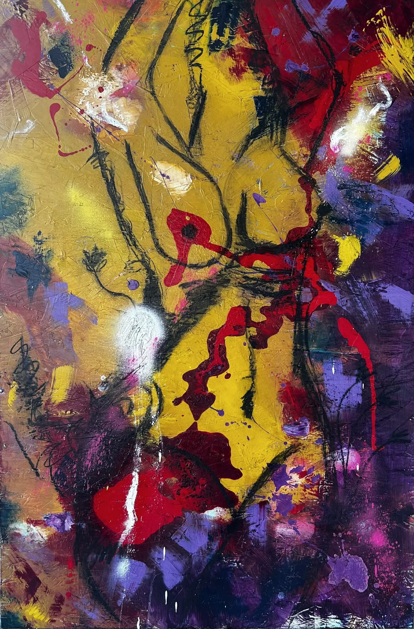 Watch me.  She dares to be seen. These warm and expressive colors are meant to light your fire. Take up space. 48x30inch Mixed Media on Osb.