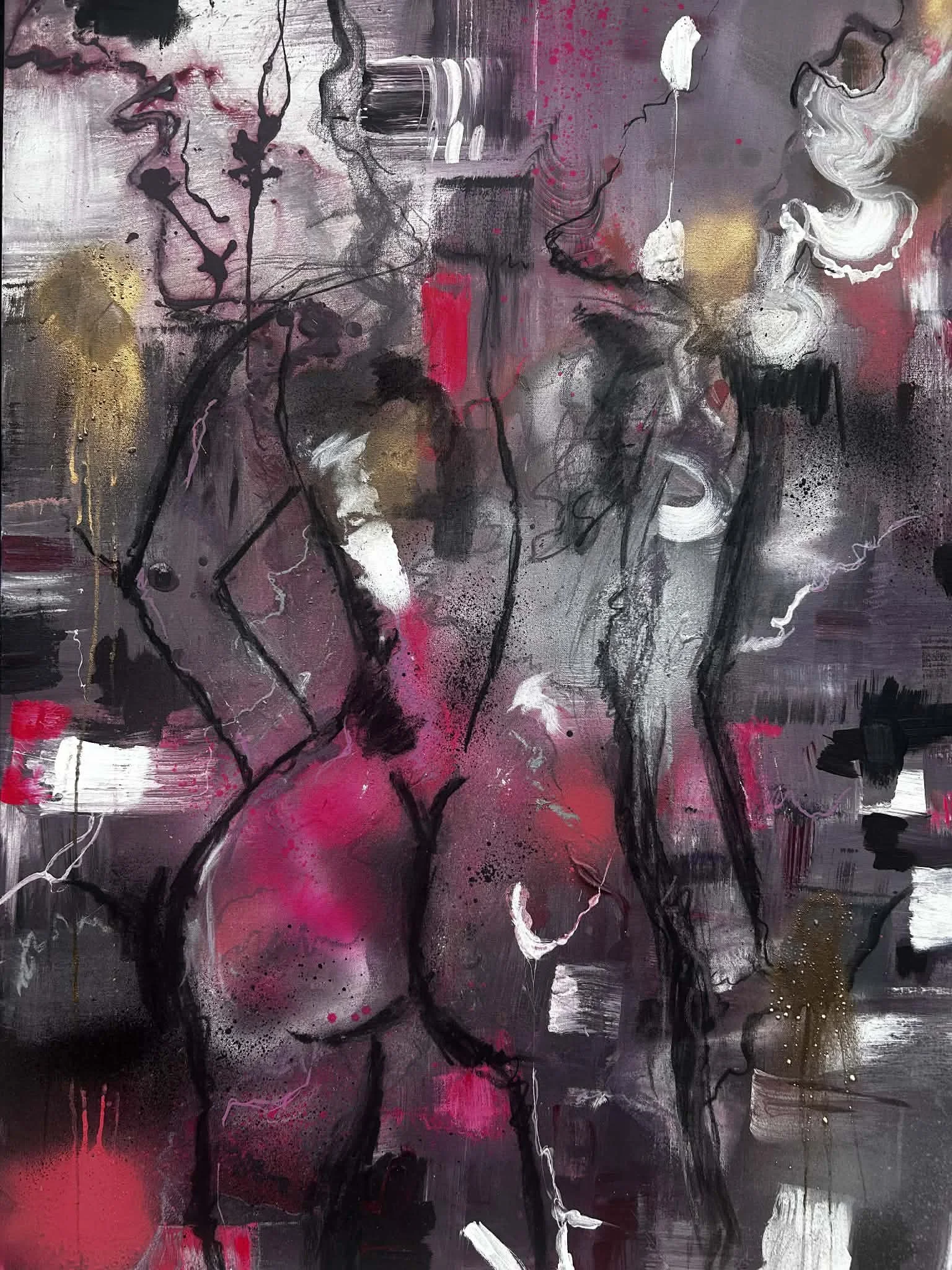 Juicy. Inspired by the leaves of the purple plum tree in fall. The dark yet electric colors represent the transition between seasons and identities. 40x20inch Mixed Media on Canva.