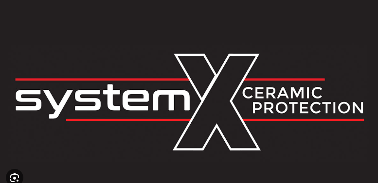 Logo with the words "system X ceramic protection" on a black background, with red lines above and below the text.
