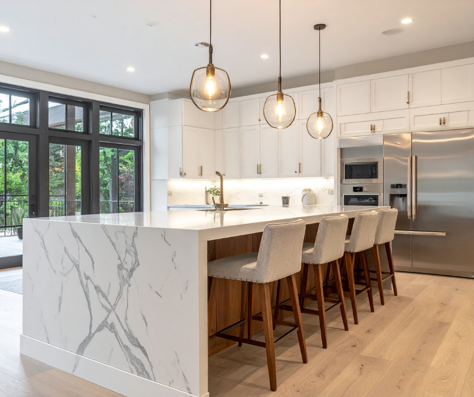 Modern kitchen with white cabinets, a marble island with gray veining, beige barstools, stainless steel refrigerator, pendant lights, and large windows with a view of greenery.