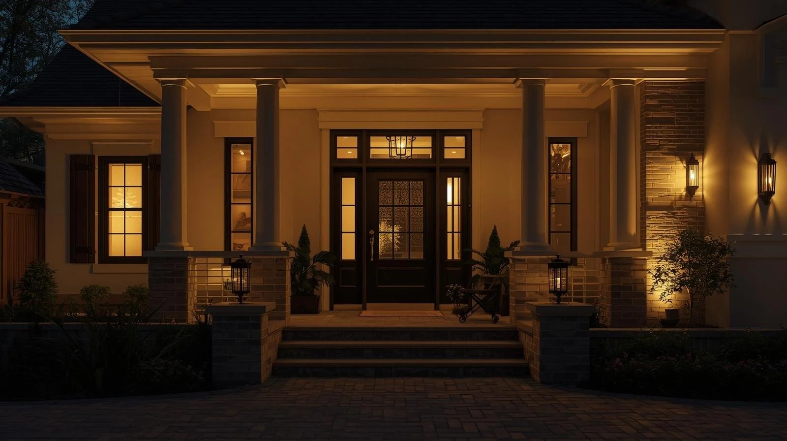 Front porch of a house illuminated with warm lighting during dusk, featuring four white columns, a dark front door with glass panels, and outdoor lanterns.