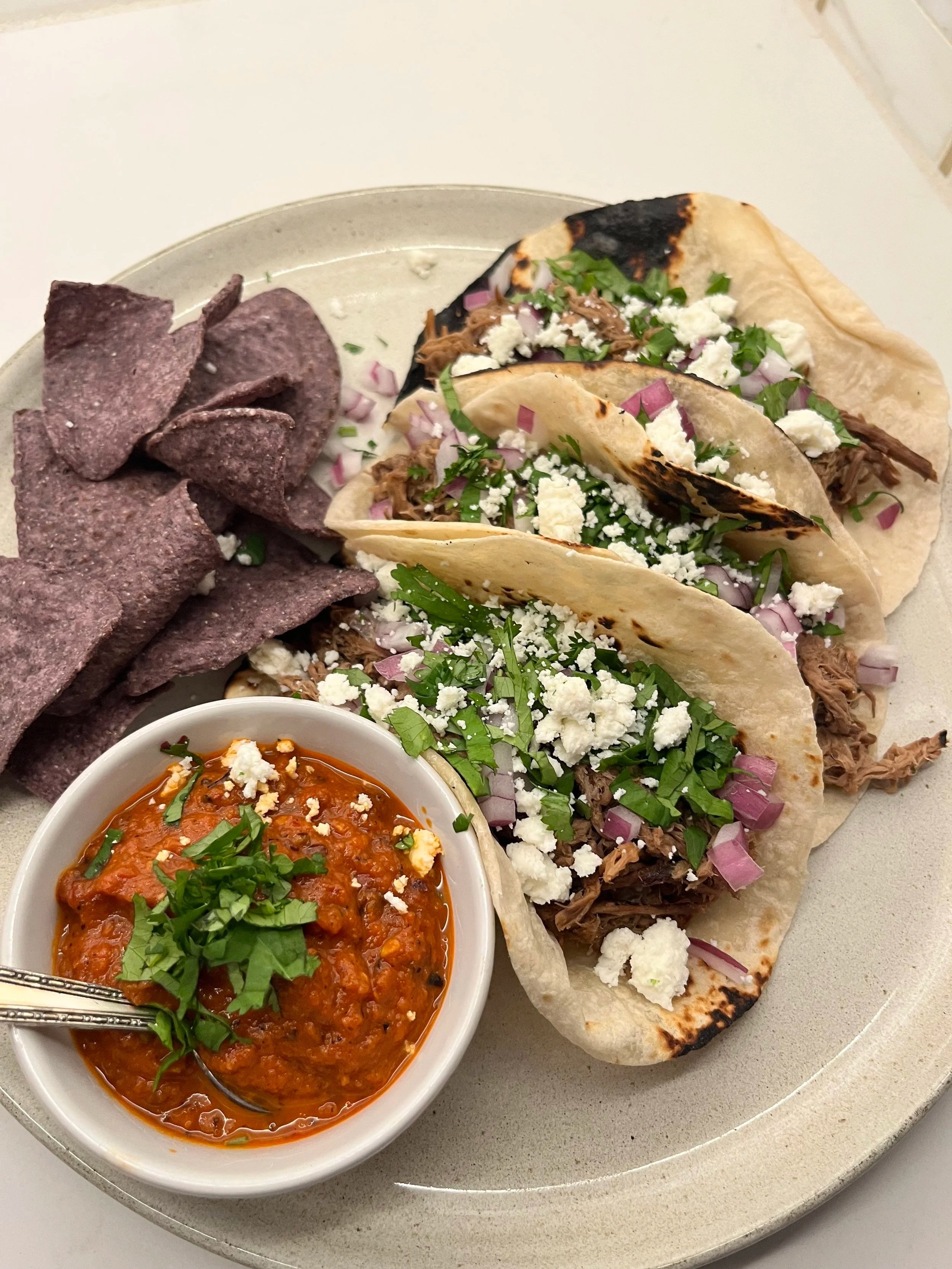Braised Beef Barbacoa Style Tacos with Salsa Taquera