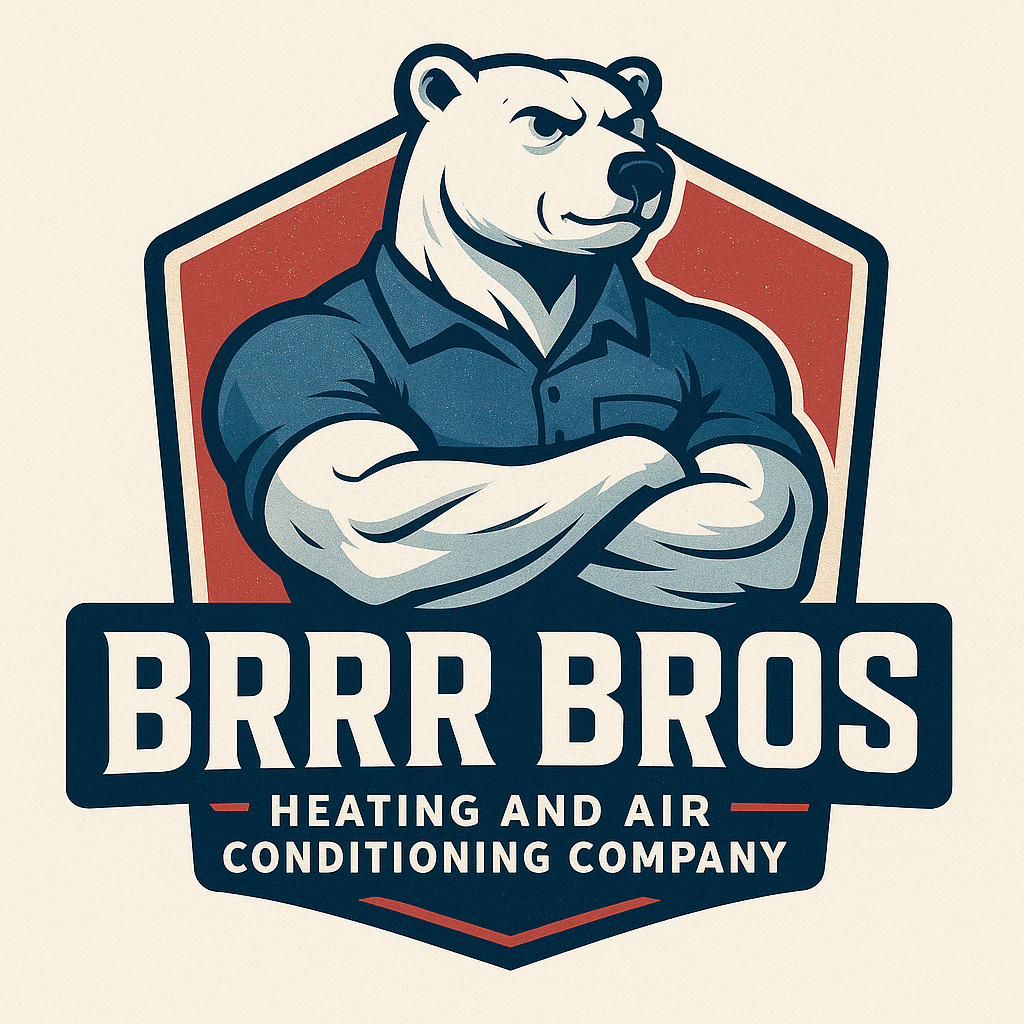 Logo featuring an anthropomorphic bear with crossed arms, wearing a dark blue shirt, with the words "BRRR BROS Heating and Air Conditioning Company" below.