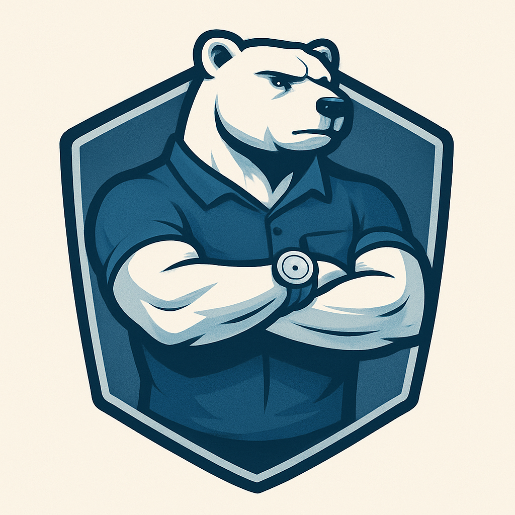 An illustrated bear in a dark blue shirt with rolled sleeves, crossing its arms, and wearing a wristwatch, with a stern expression.