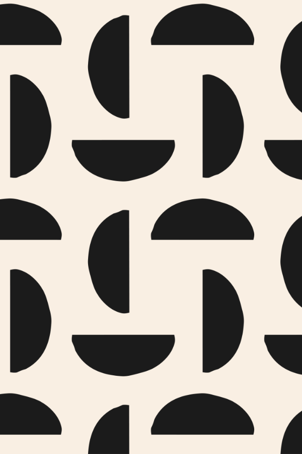 A geometric pattern of black semi-circles and quarter circles on a cream background.