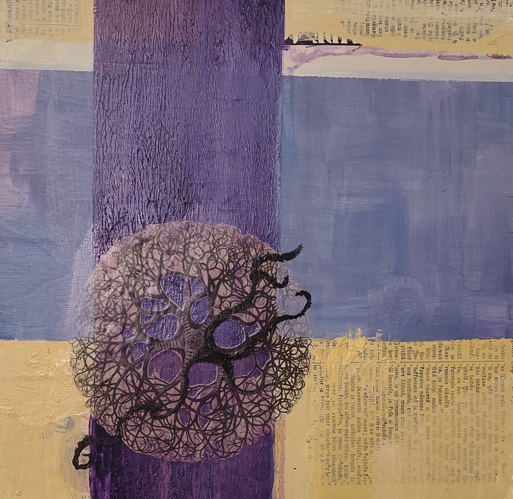 And Still Alive. Mixed media on board, 36x34cm, 2024.