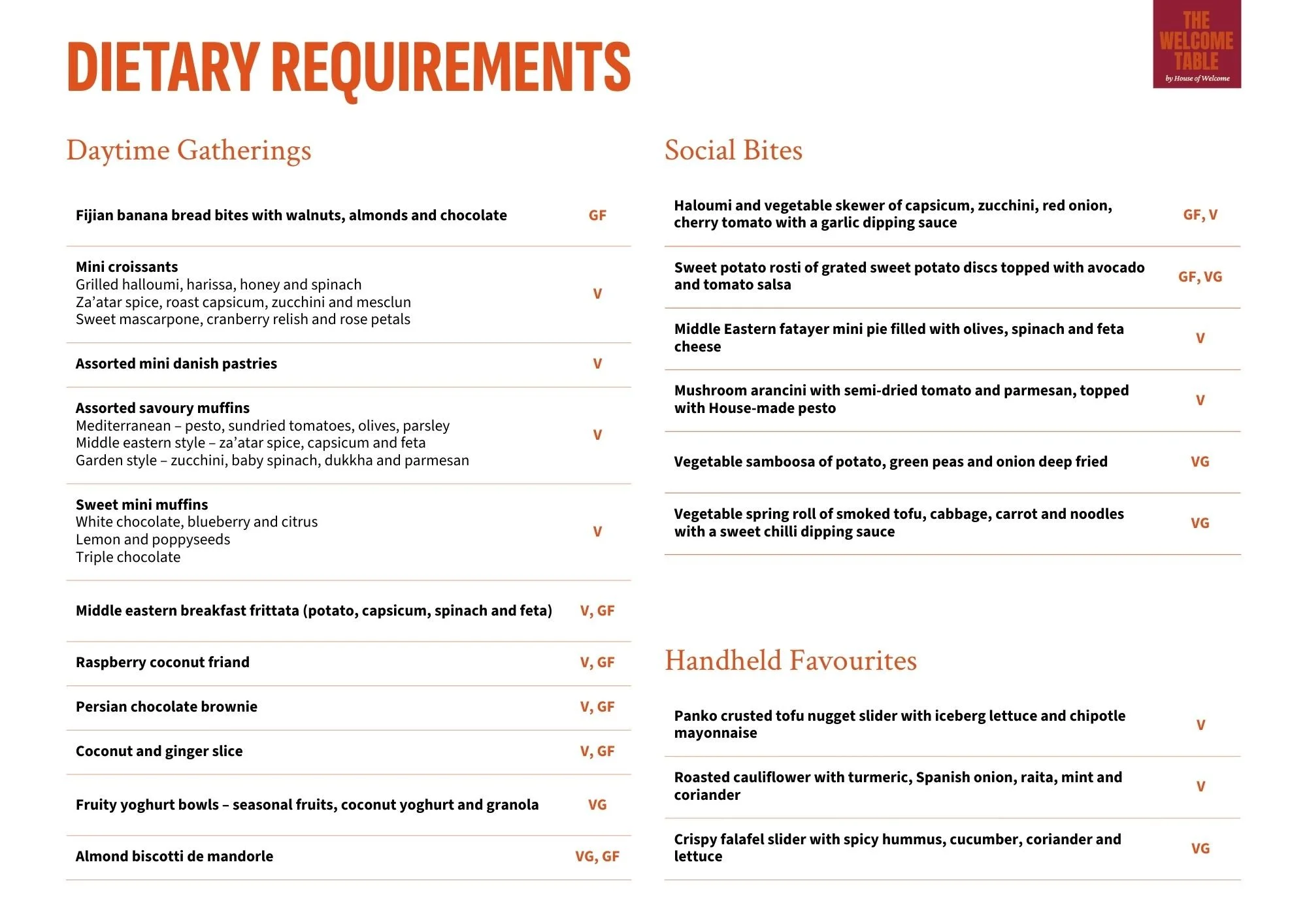 Menu titled 'Dietary Requirements' with sections for 'Daytime Gatherings,' 'Social Bites,' and 'Handheld Favourites.' It lists various vegan, gluten-free, vegetarian, and other options, including items like banana bread bites, croissants, mini muffins, and vegetable samboosa.