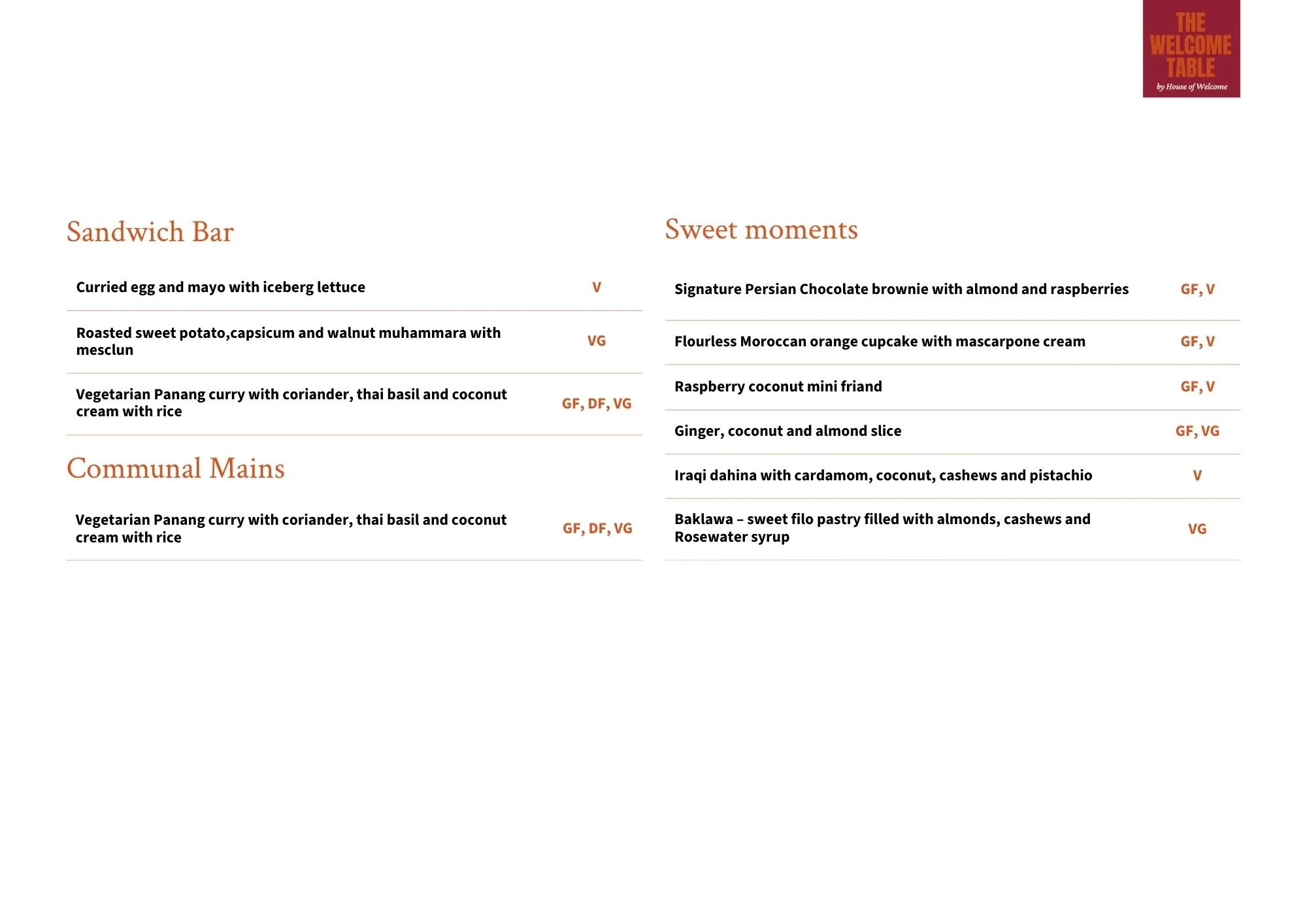 Menu featuring a sandwich bar and sweet moments sections with various dishes and desserts, some labeled as vegetarian, vegan, gluten-free, and dairy-free.