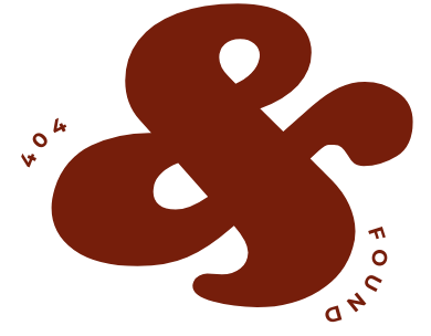 A stylized, large brown ampersand (&) symbol with the words 'FOUR' and 'FOUND' curved around it and the number '404' written near the upper left of the ampersand.